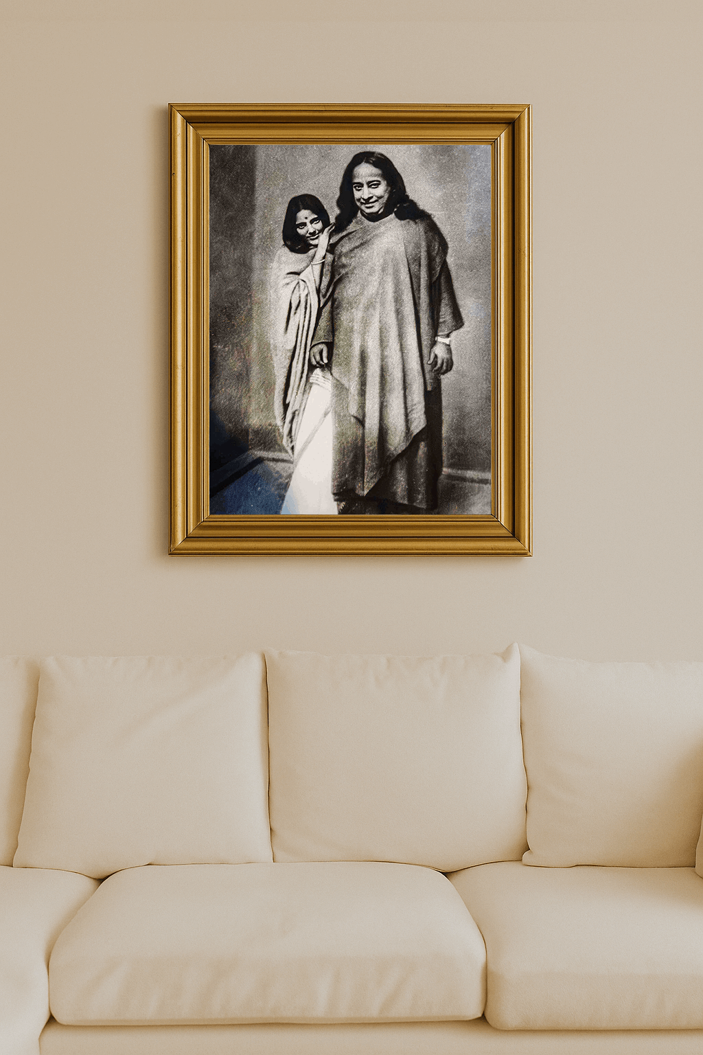 Black-and-white photo of Paramahansa Yogananda and Anandamayi Ma standing together.