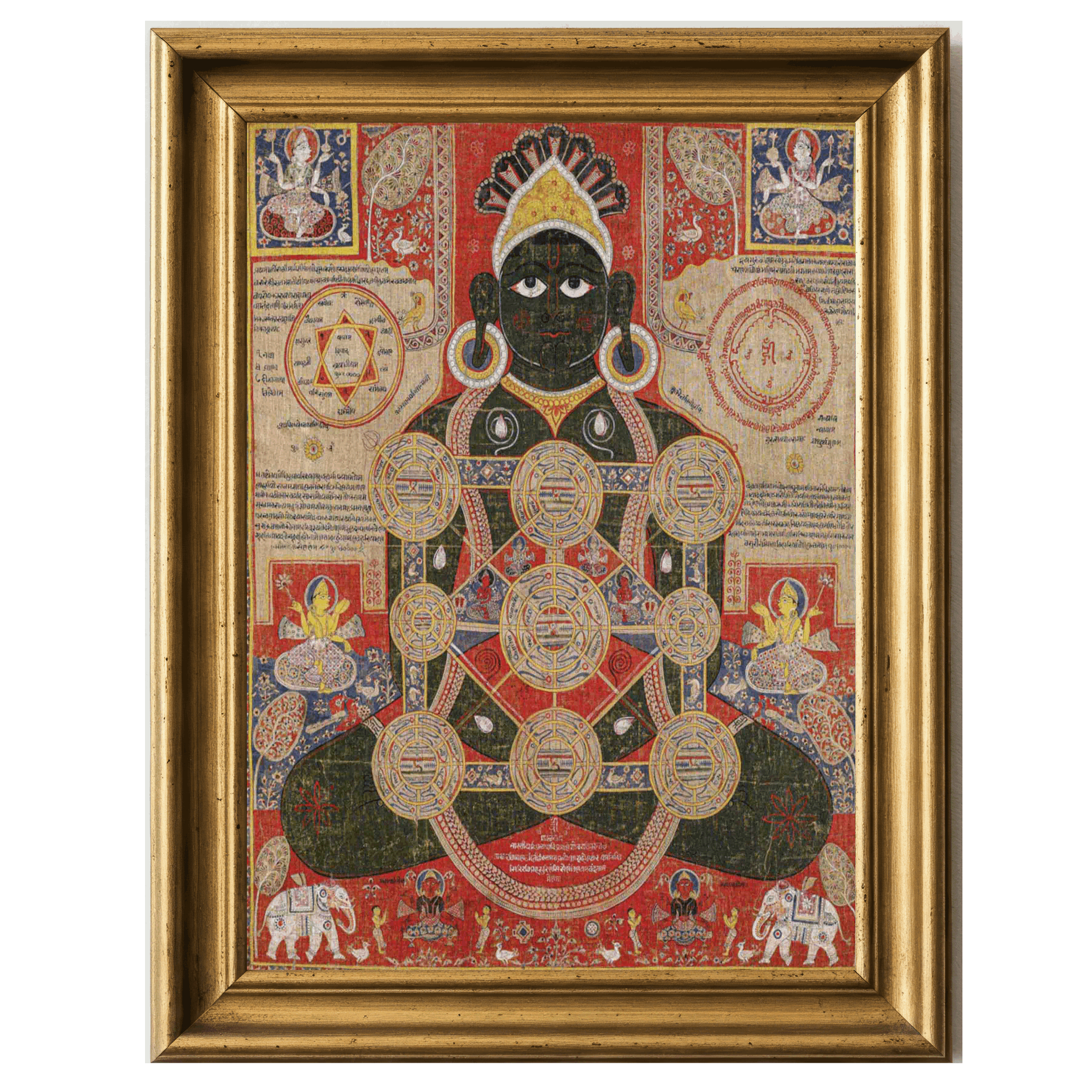 Jain painting of Parsvanatha on a lotus throne with yantra diagrams.