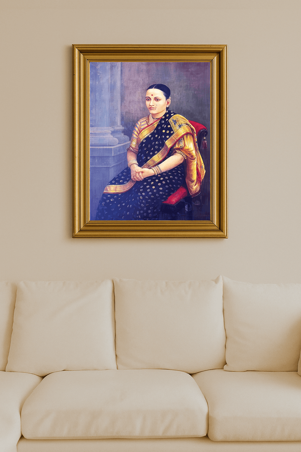Oil portrait of a woman in polka-dot sari by Raja Ravi Varma.