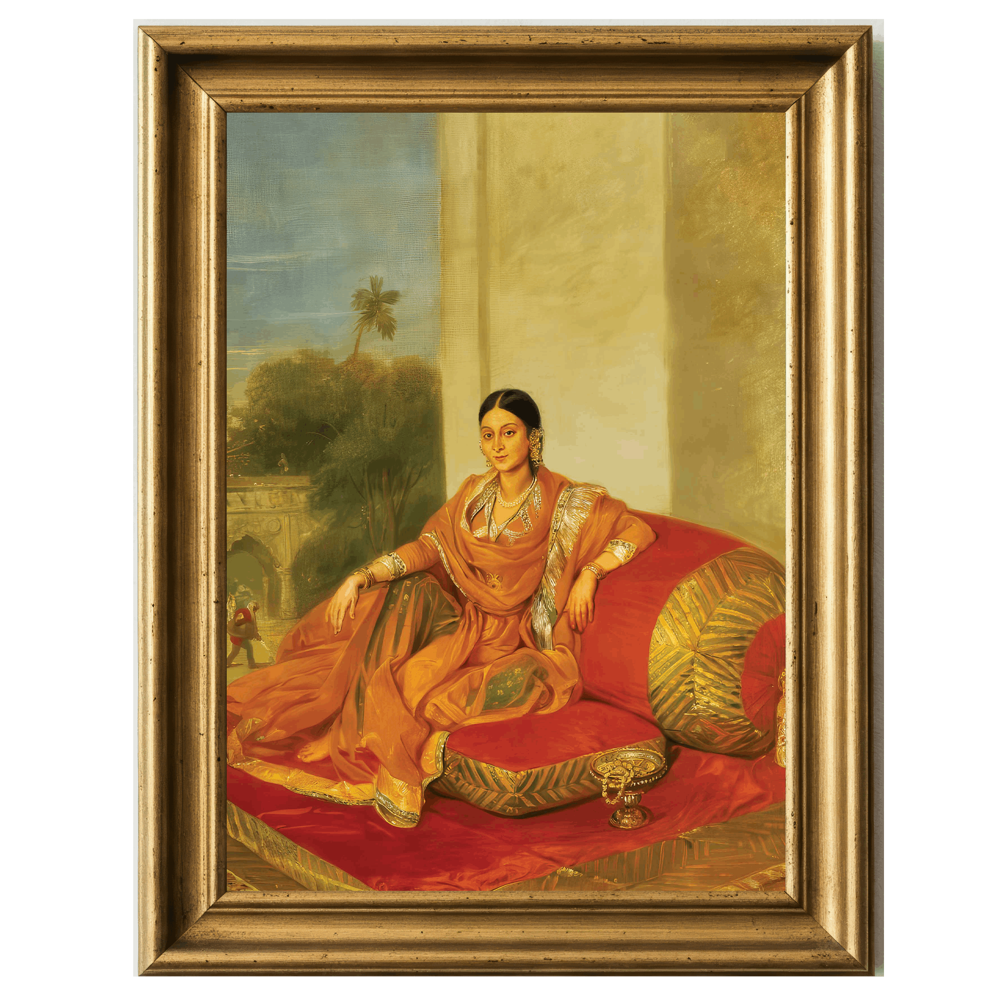 Oil portrait of Bibi reclining in orange silk drapery against palace architecture.
