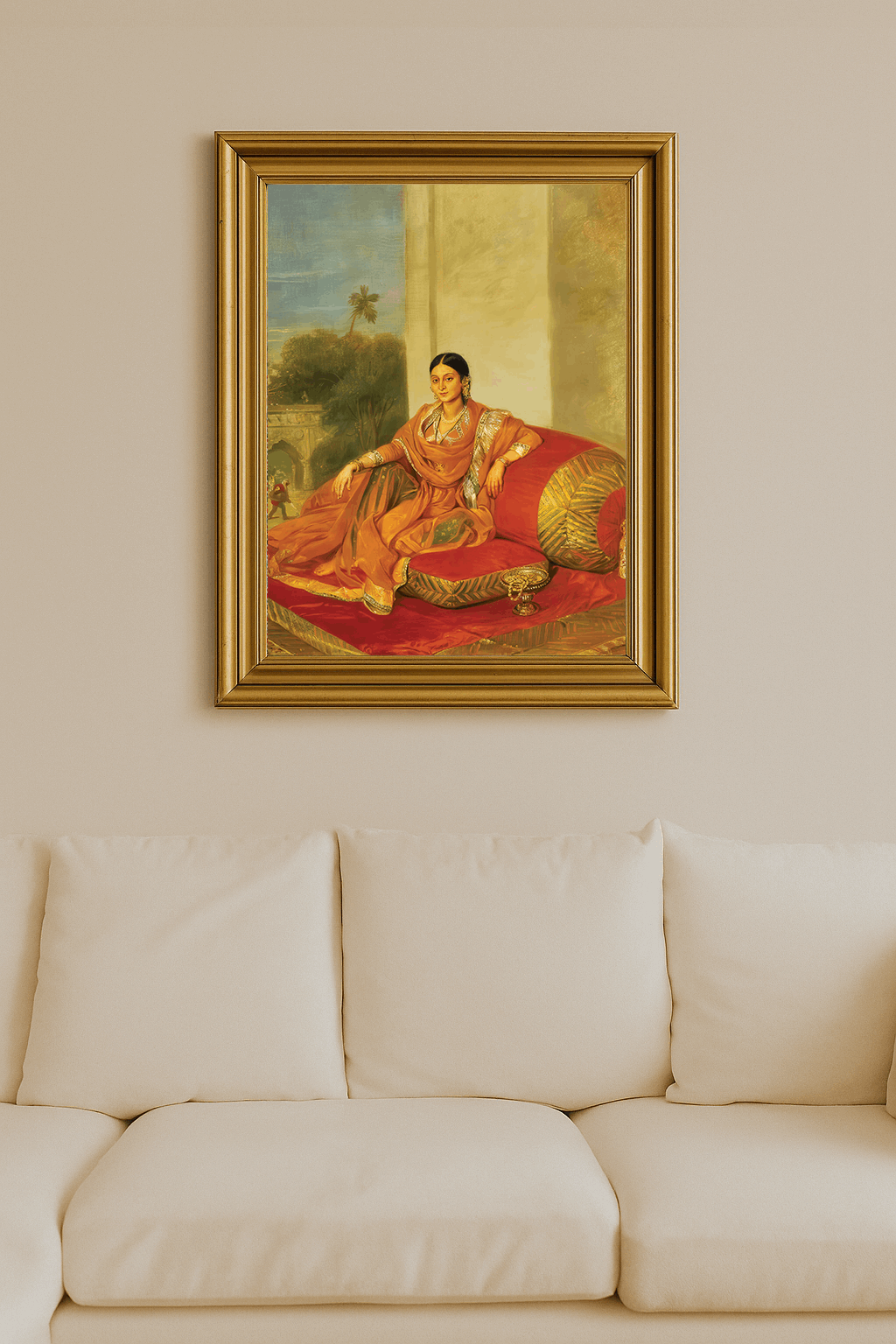 Oil portrait of Bibi reclining in orange silk drapery against palace architecture.
