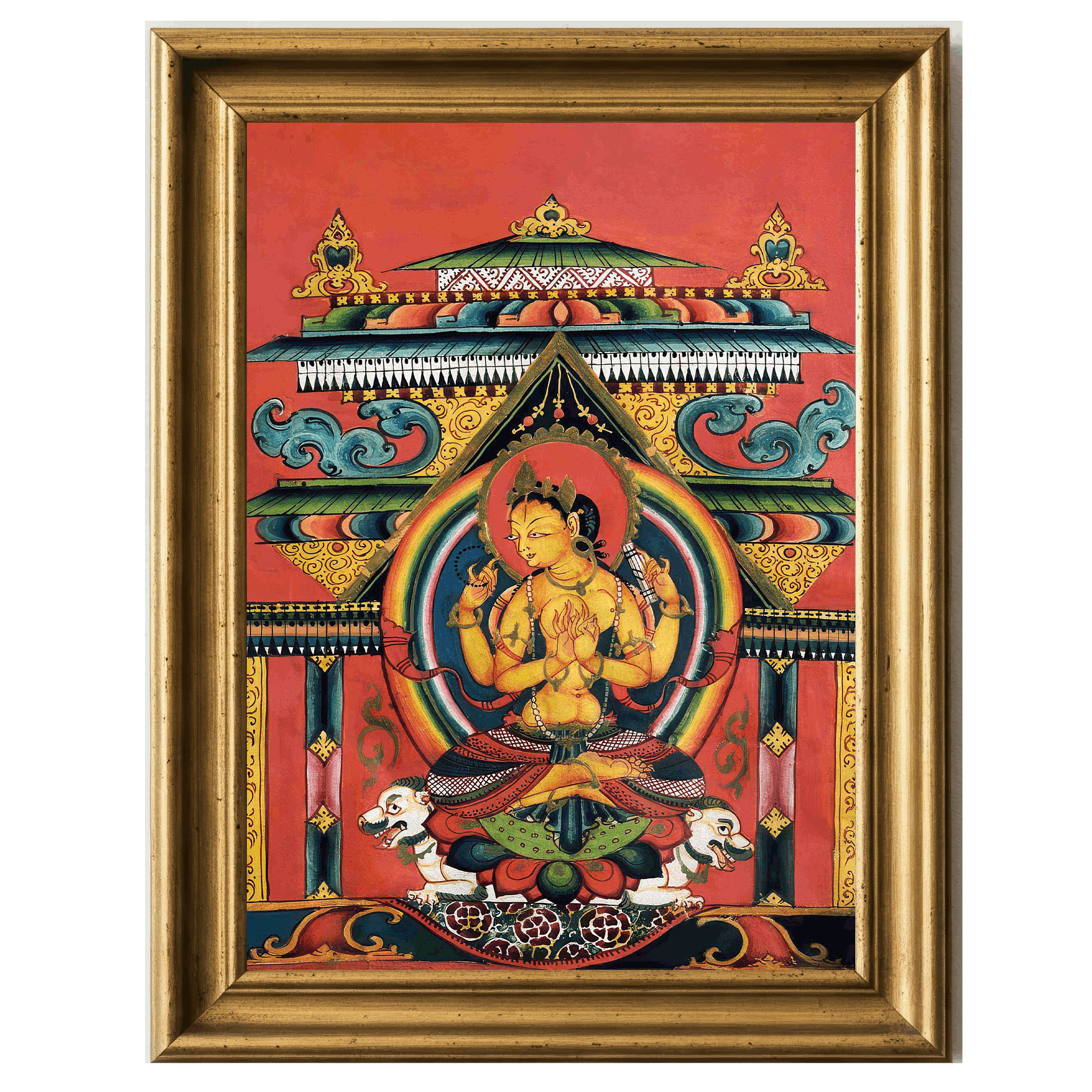 Buddhist thangka of Prajnaparamita on lotus throne with mandala background.