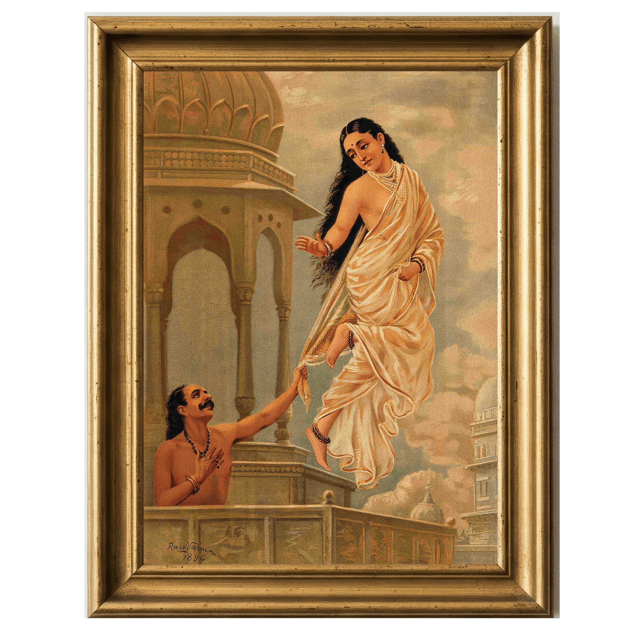Raja Ravi Varma painting of Purūravas grasping Urvashi’s sari in midair.
