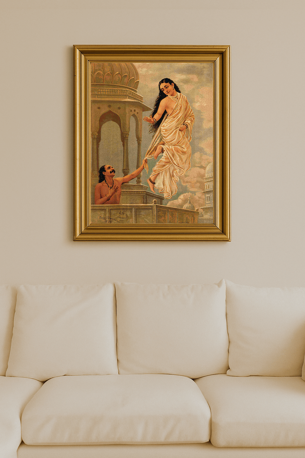 Raja Ravi Varma painting of Purūravas grasping Urvashi’s sari in midair.