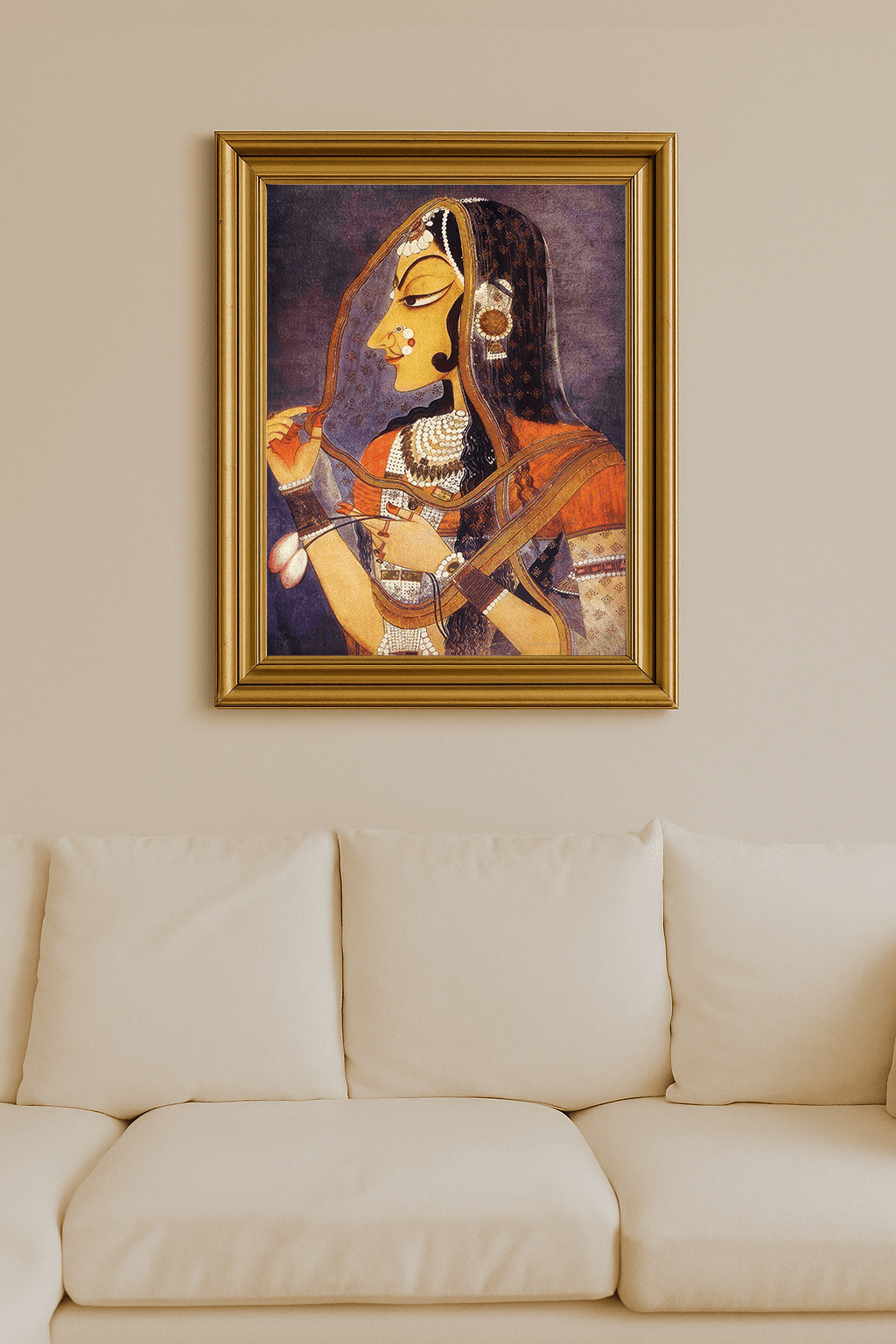 Kishangarh miniature portrait of Radha (Bani Thani) holding a lotus petal.