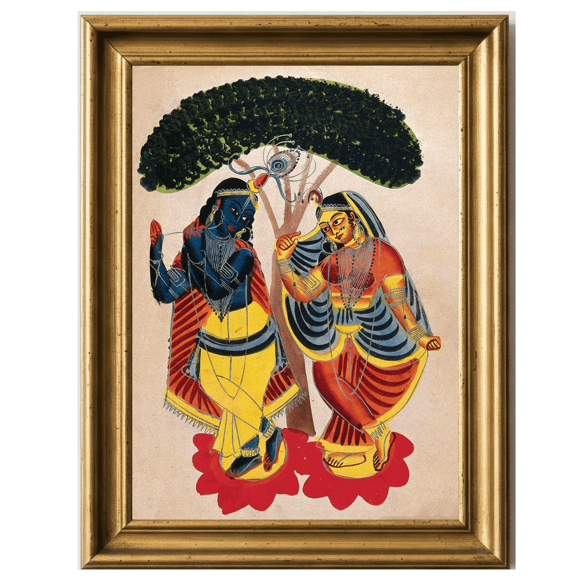 Hand-colored print of Radha embracing Krishna under a tree.