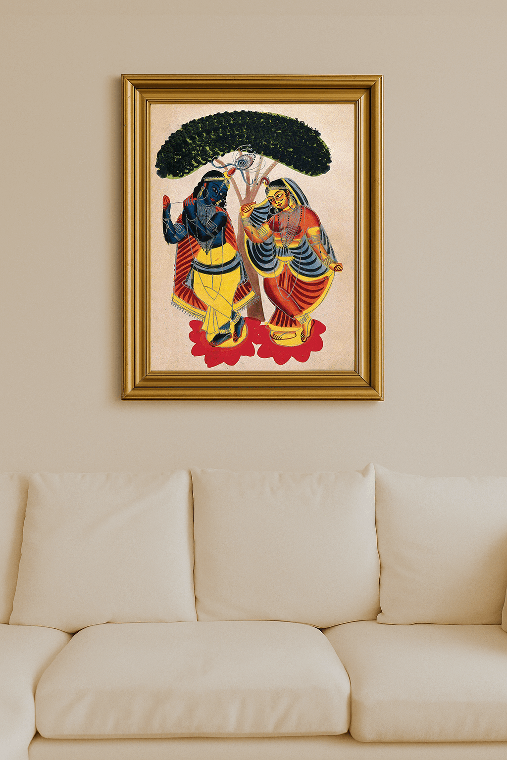 Hand-colored print of Radha embracing Krishna under a tree.