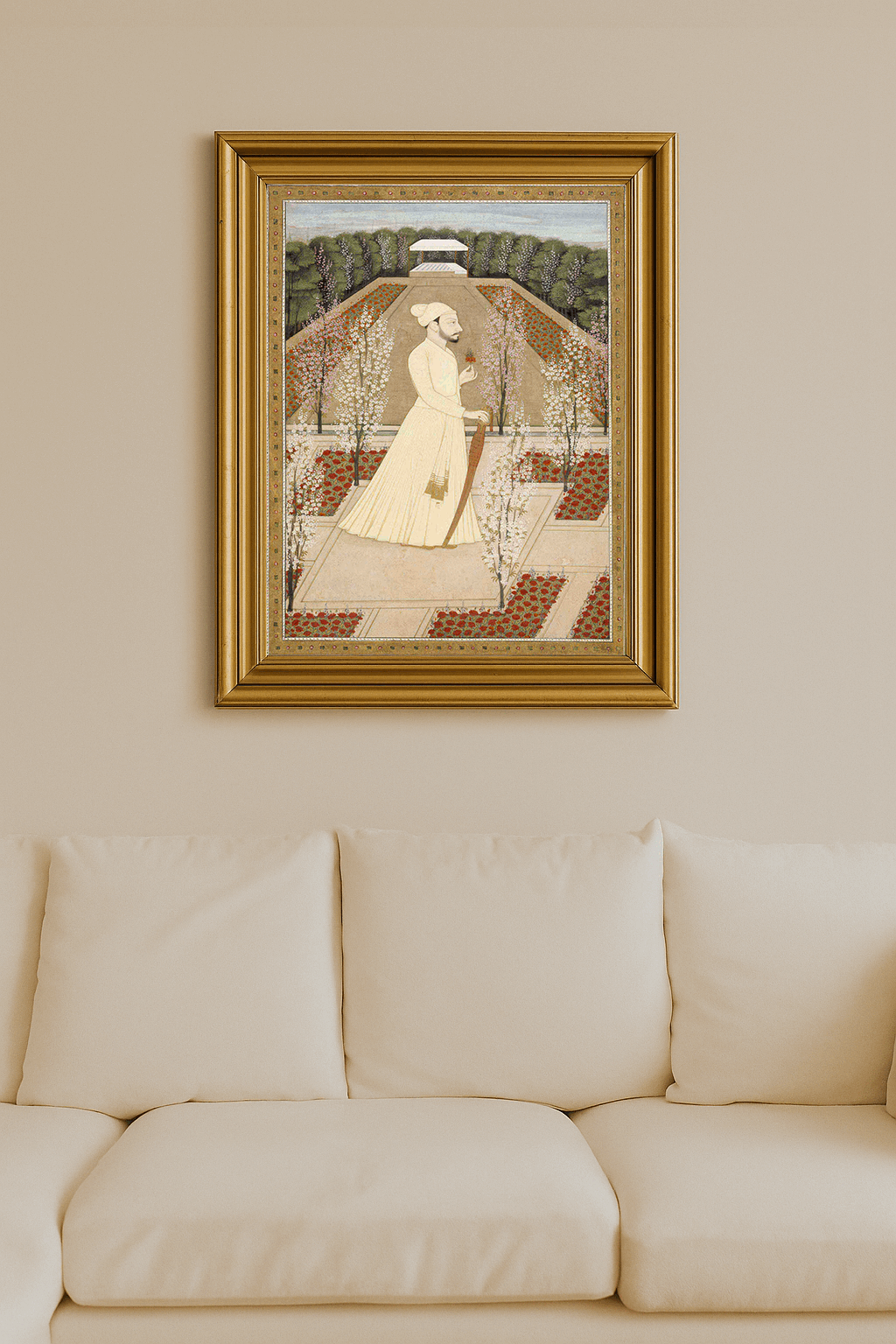 Basohli miniature of Raja Amrit Pal walking in a garden, holding a flower.