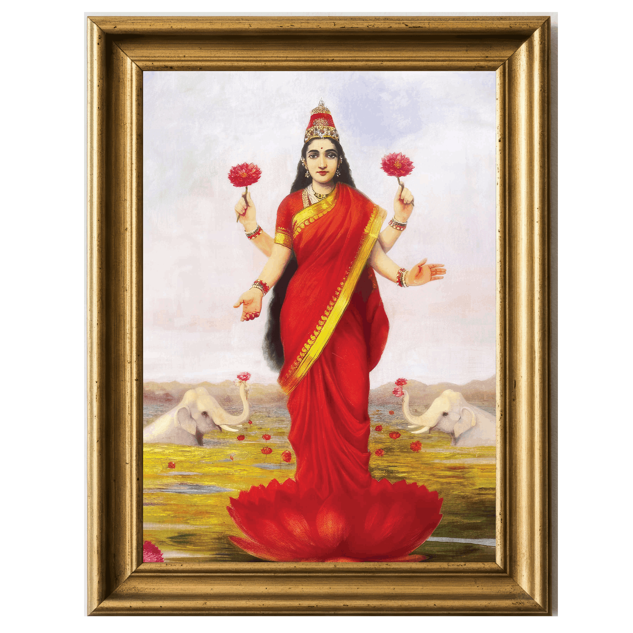 Oil painting of Goddess Lakshmi with lotus blossoms and elephants by Raja Ravi Varma, 1896.