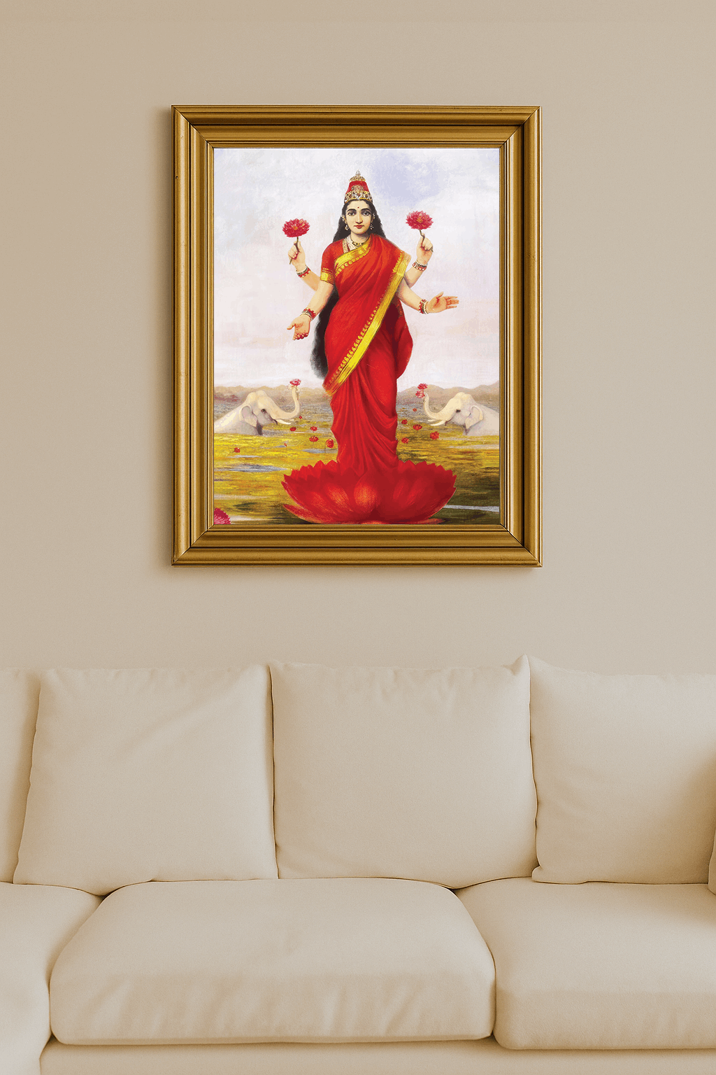 Oil painting of Goddess Lakshmi with lotus blossoms and elephants by Raja Ravi Varma, 1896.