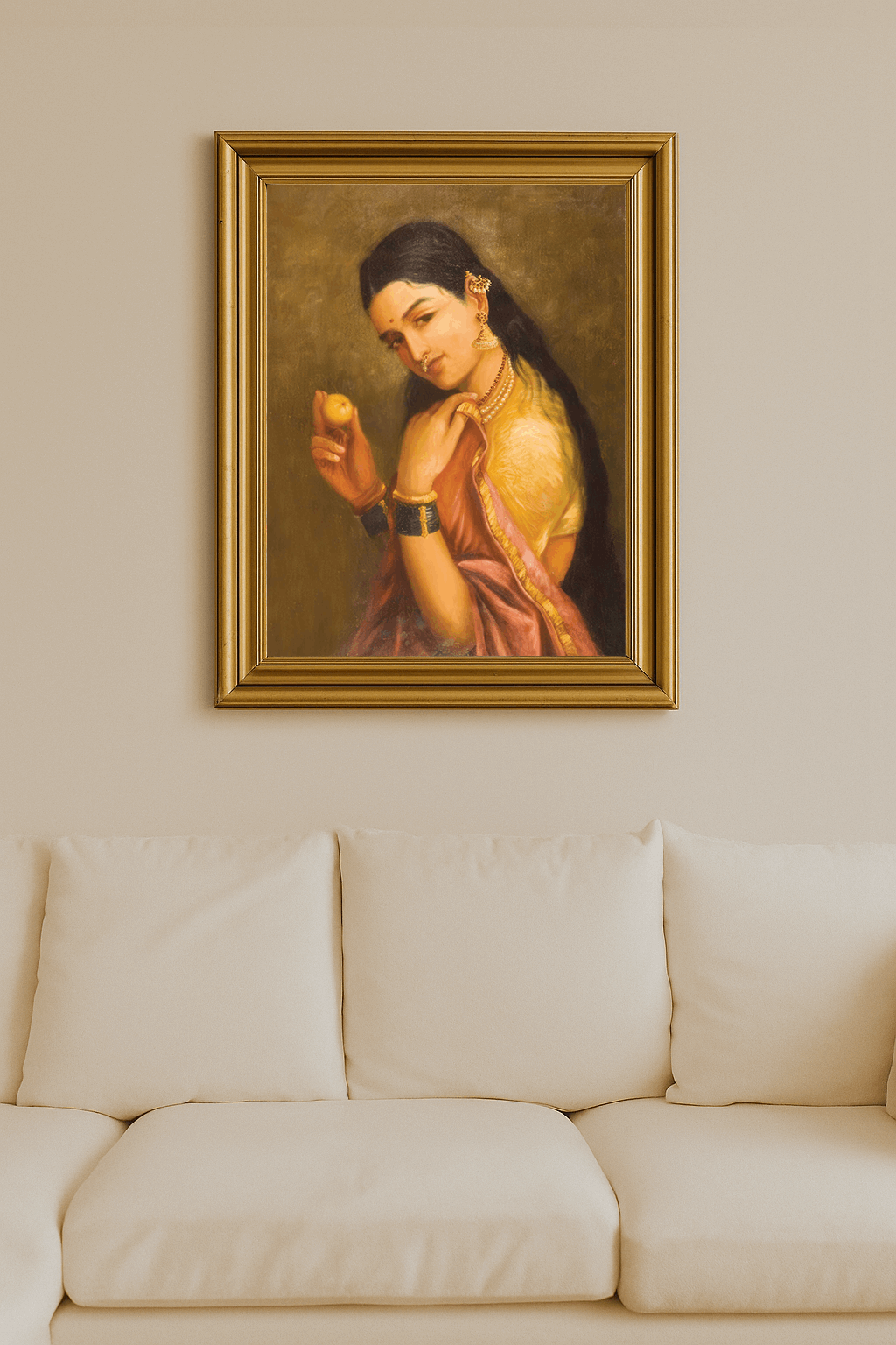 Oil portrait of a woman holding a fruit by Raja Ravi Varma.