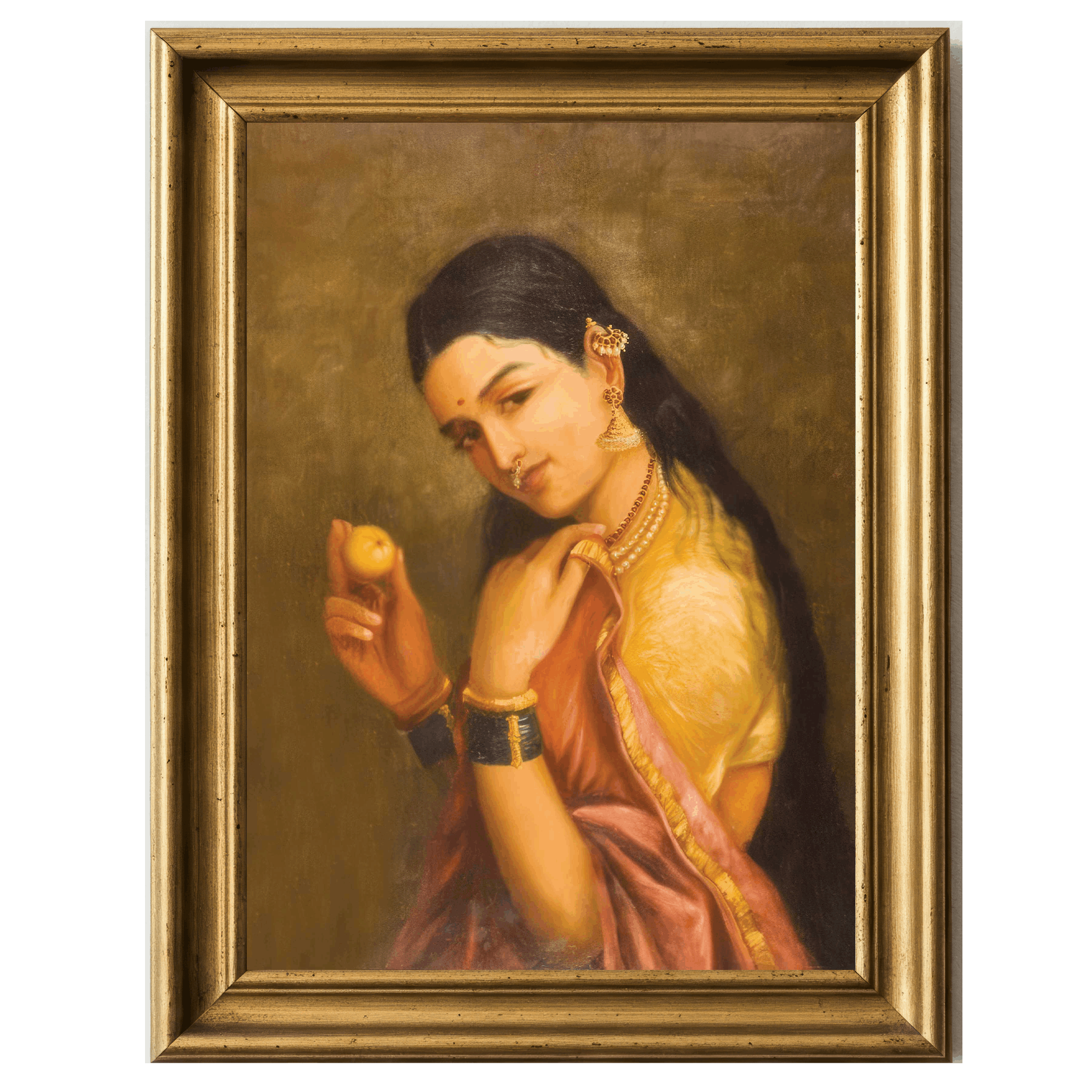 Oil portrait of a woman holding a fruit by Raja Ravi Varma.