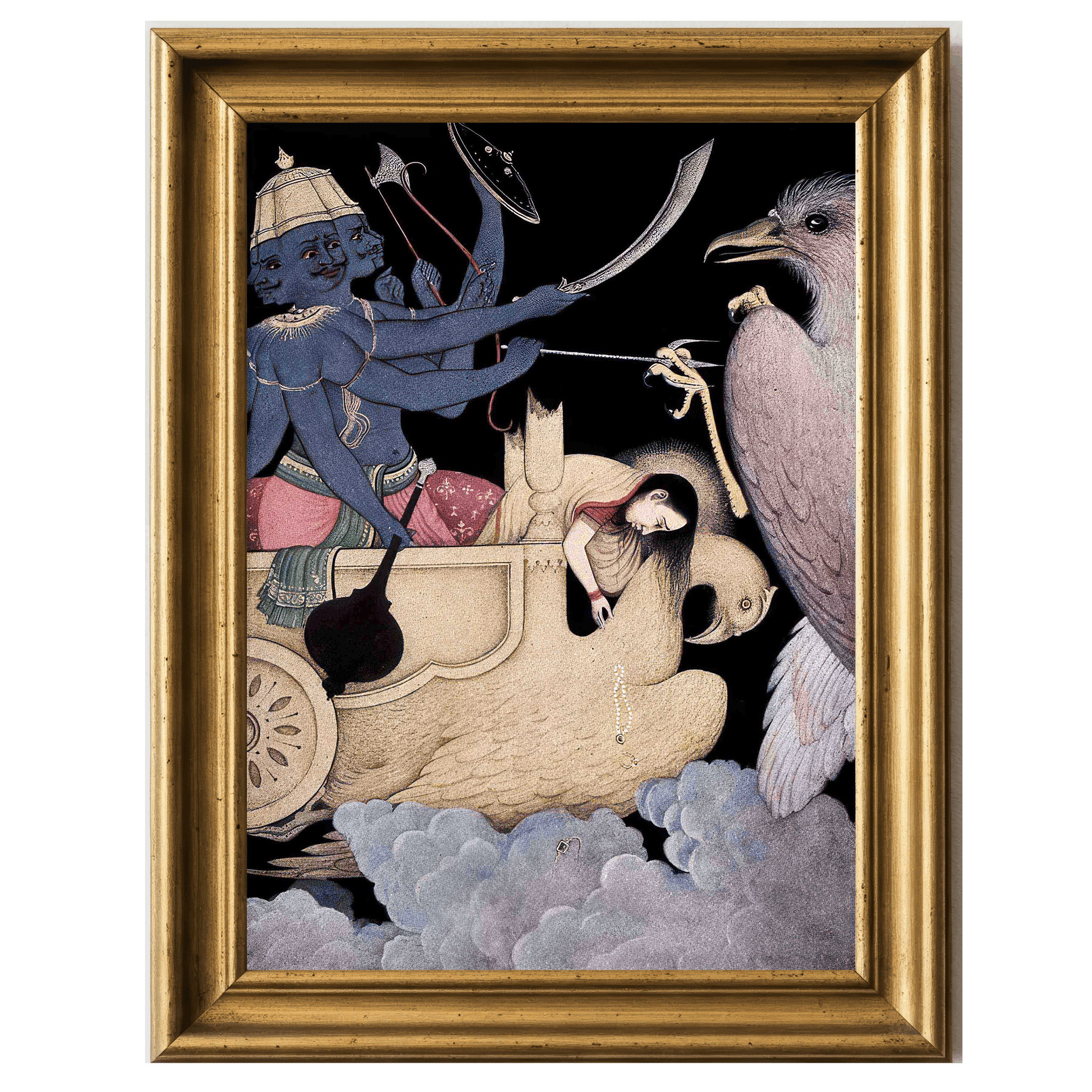 Rajput miniature of Ravana with ten heads attacking Jatayu in midair.