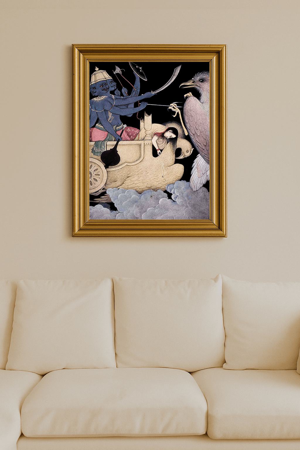 Rajput miniature of Ravana with ten heads attacking Jatayu in midair.