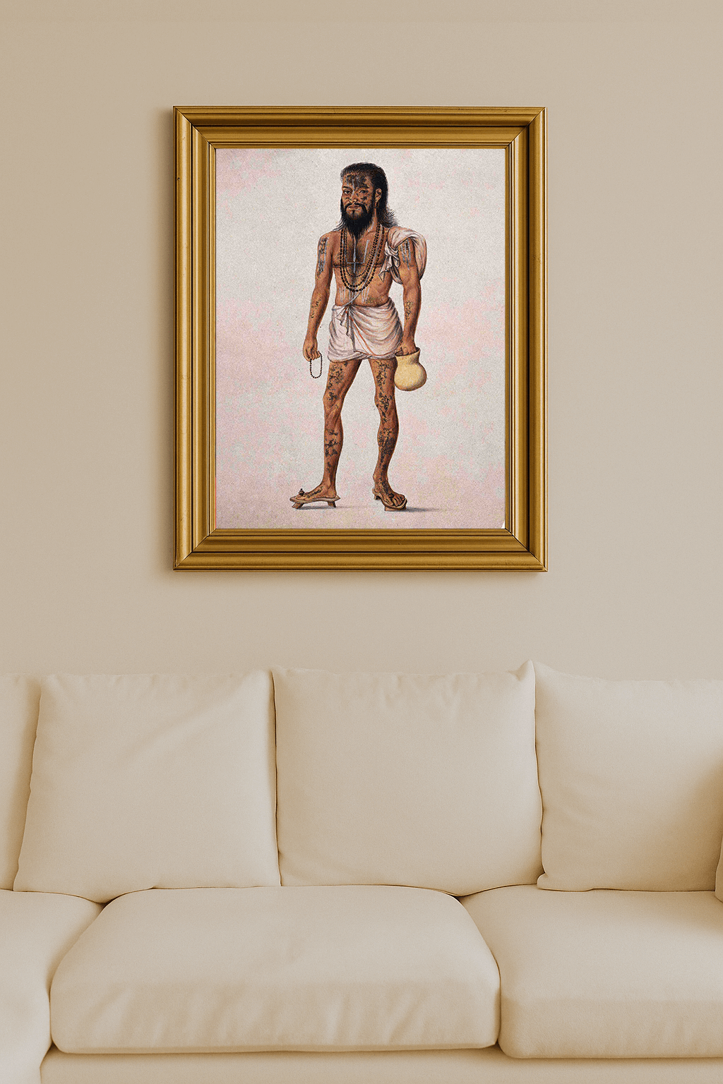 Watercolor painting of a sadhu holding a begging bowl and prayer beads.