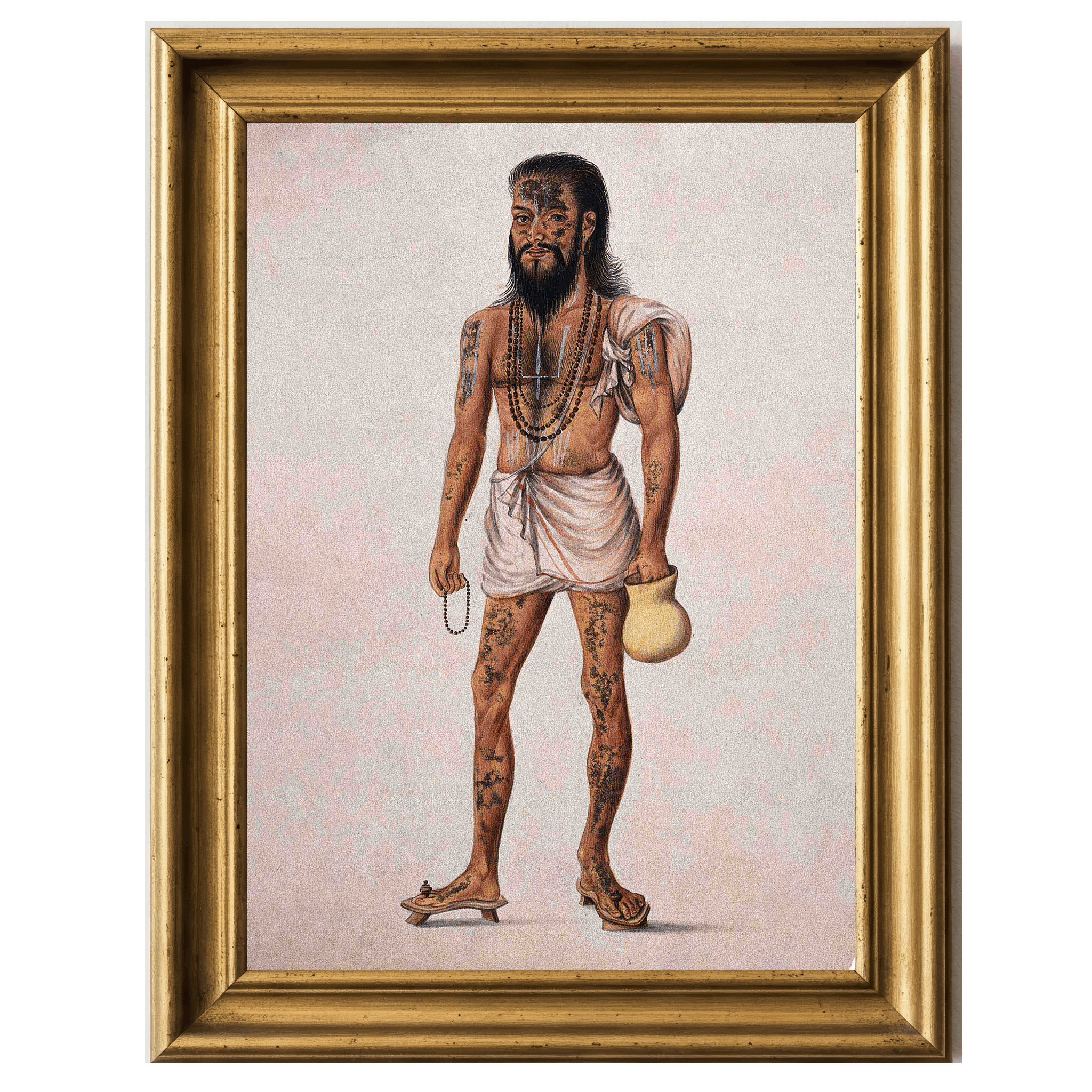 Watercolor painting of a sadhu holding a begging bowl and prayer beads.