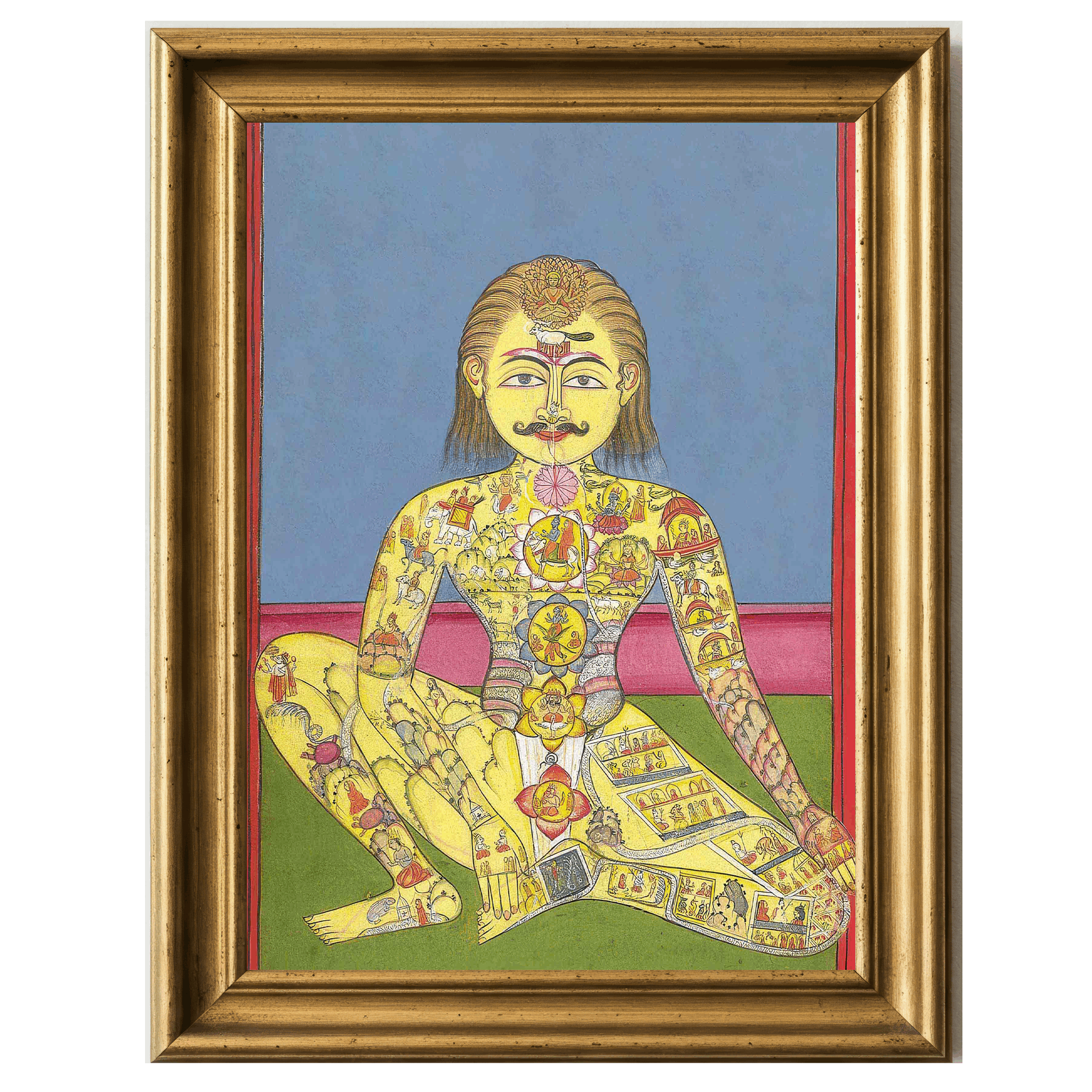 1899 illustration of a yogi figure with chakras mapped by miniature divine motifs.