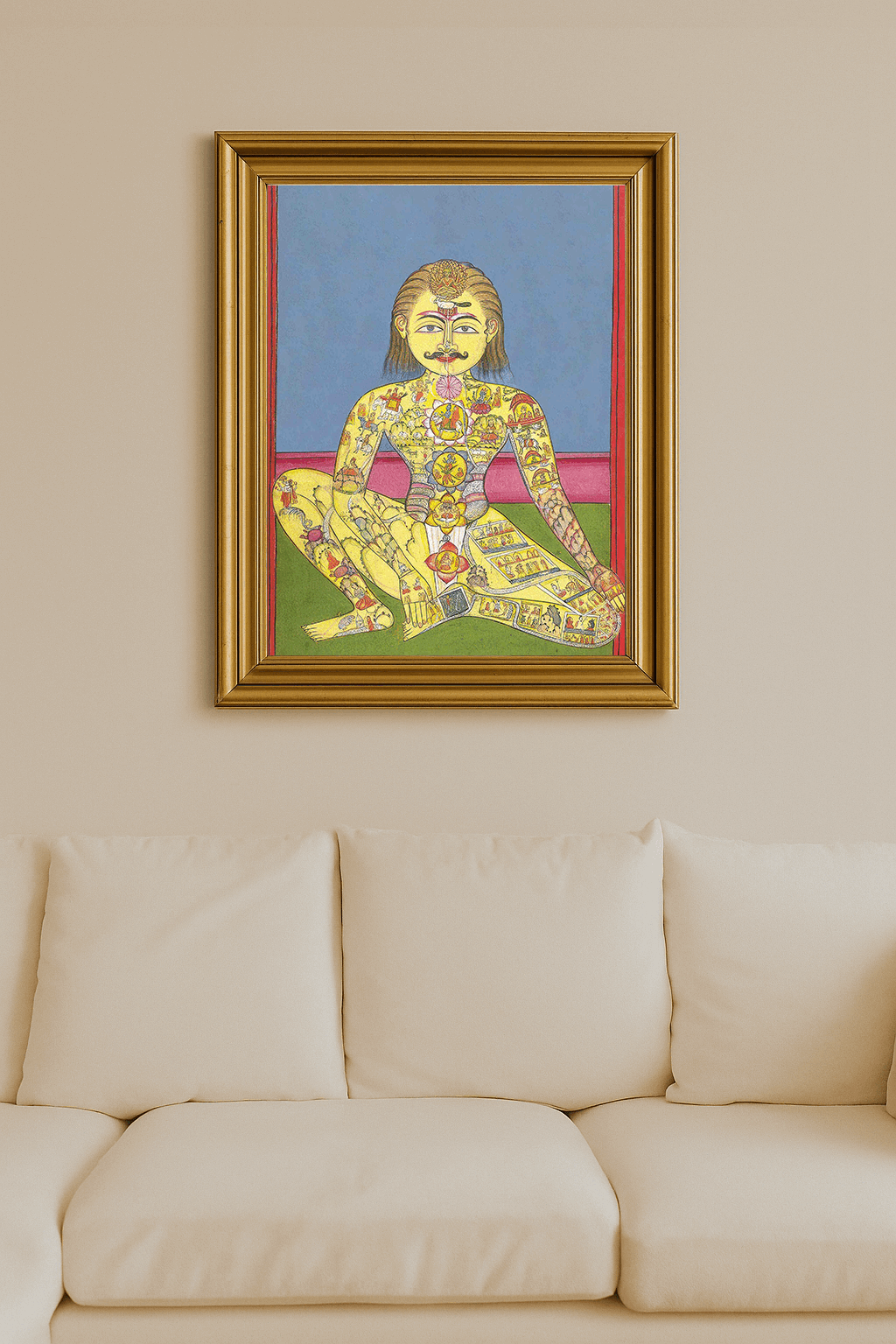 1899 illustration of a yogi figure with chakras mapped by miniature divine motifs.