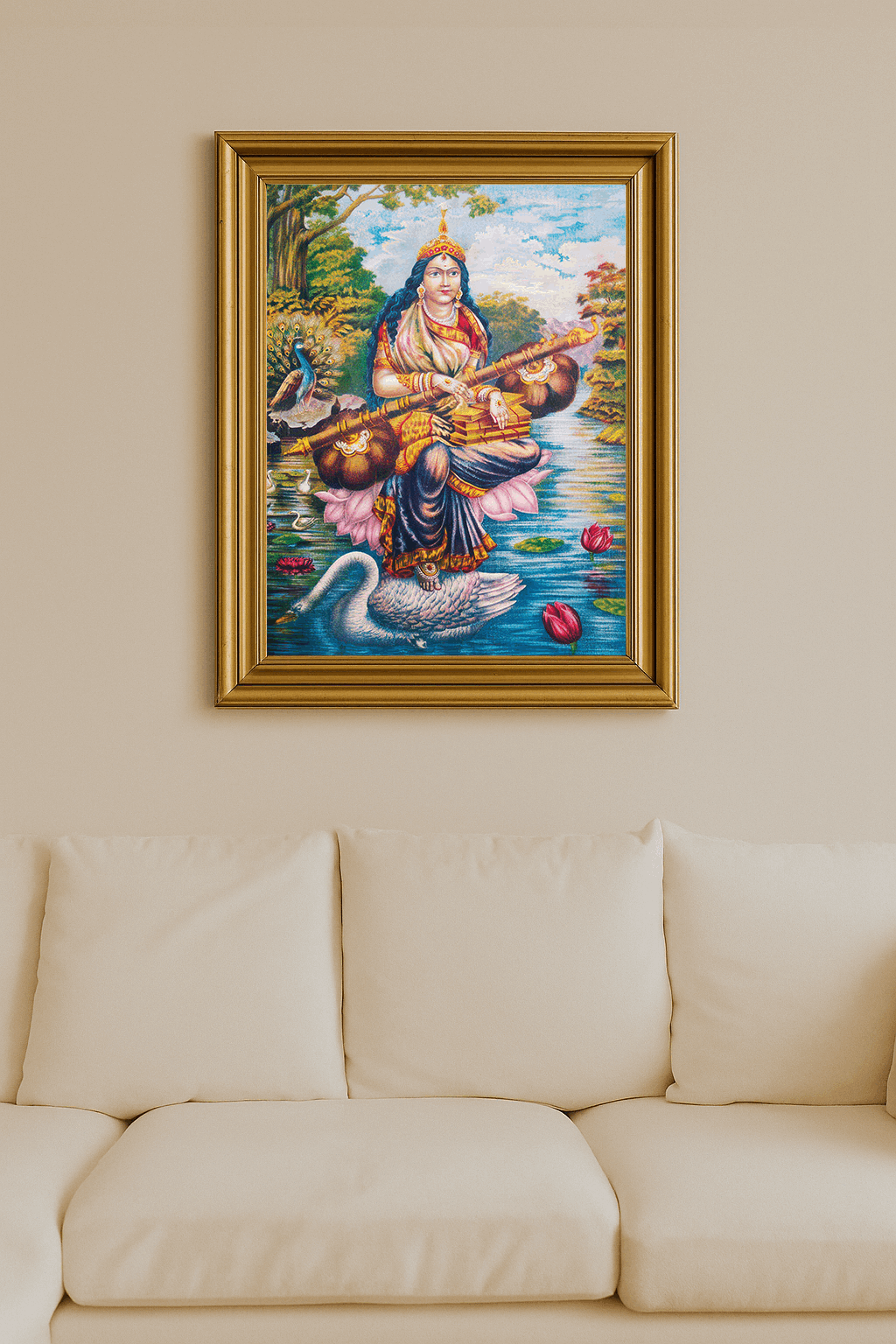 Color chromolithograph of Saraswati on a swan in lotus pond, holding sitar and books.
