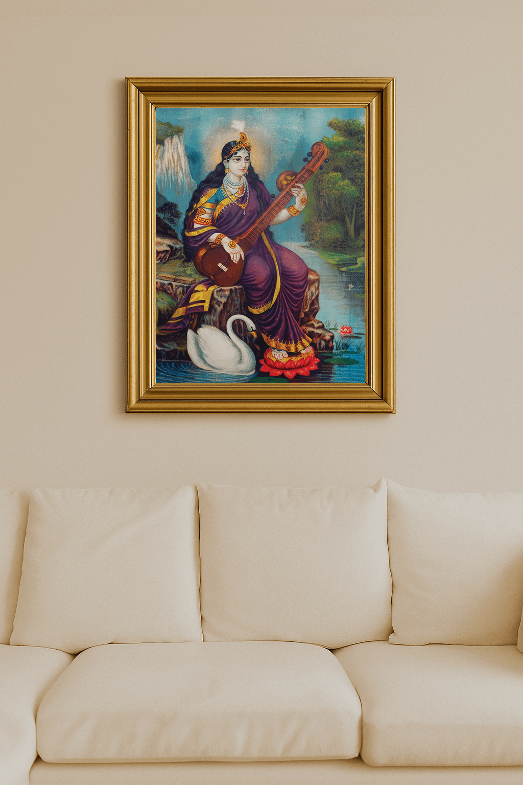 A painted depiction of the Hindu goddess Saraswati seated on a hamsa across a lotus pond, playing a vina, surrounded by a serene landscape.