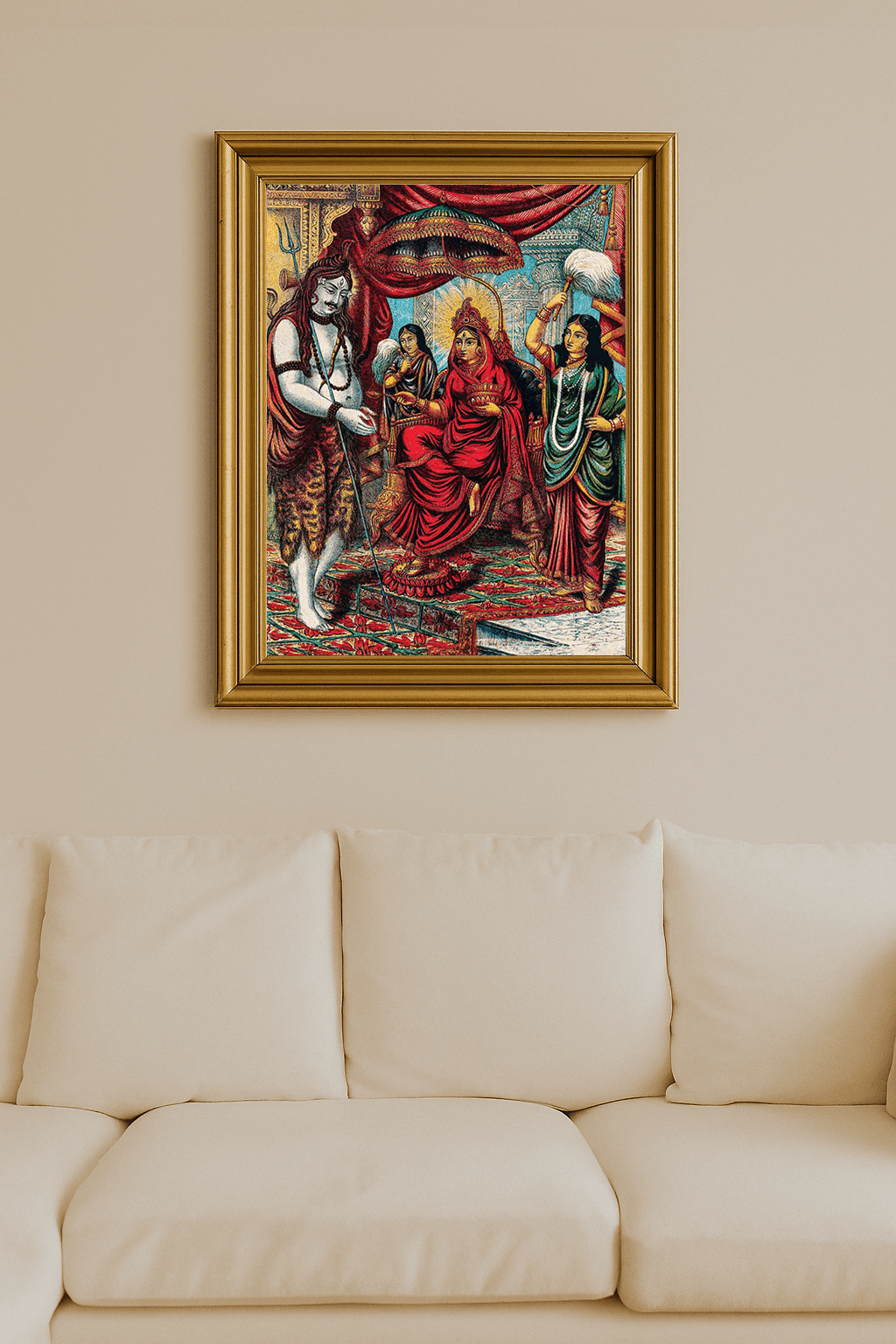 Traditional artwork of Shiva standing before goddess Annapurna in a palace setting