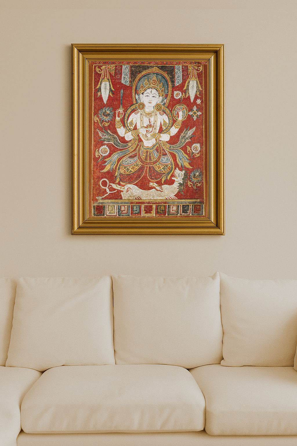 Traditional paubha painting of Shiva with multiple arms holding weapons and symbols