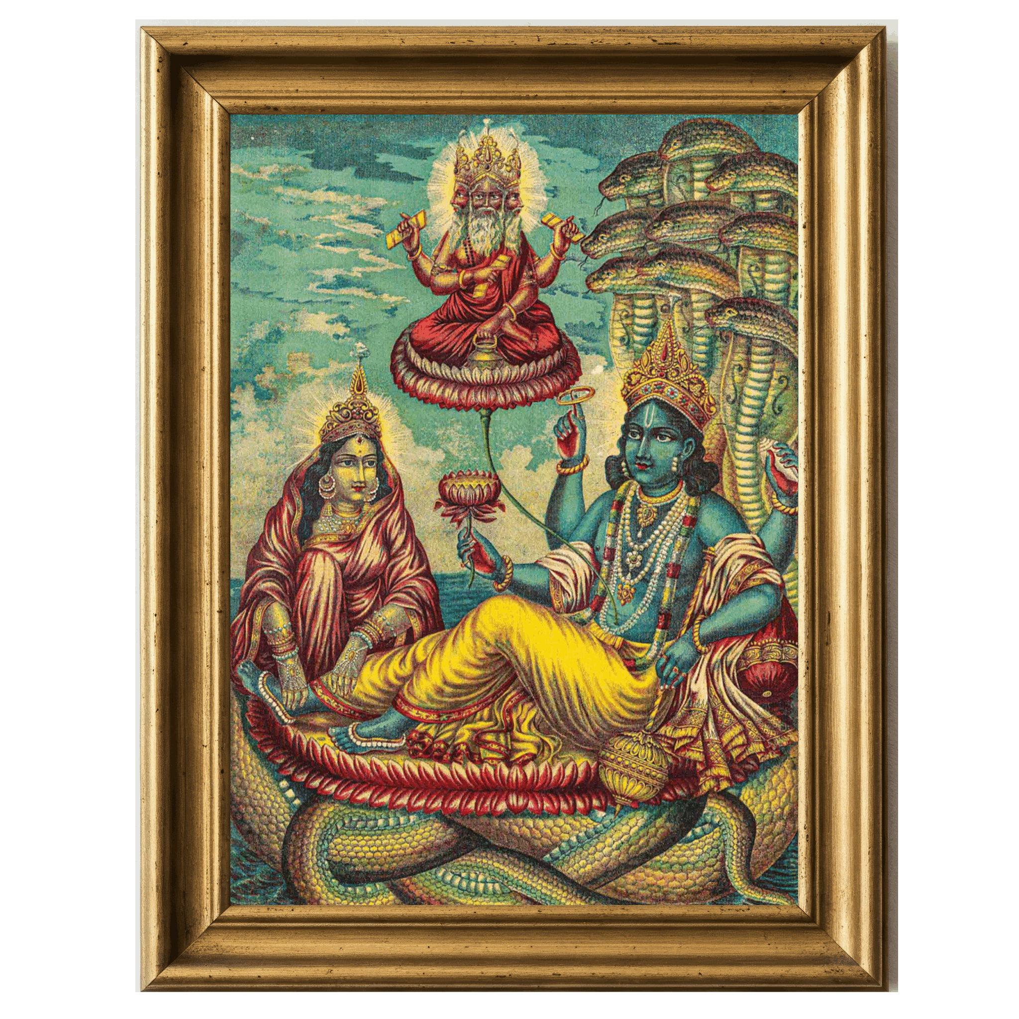 Hindu god Vishnu reclining on multiheaded serpent Shesha, lotus and discus in hands, river scene behind