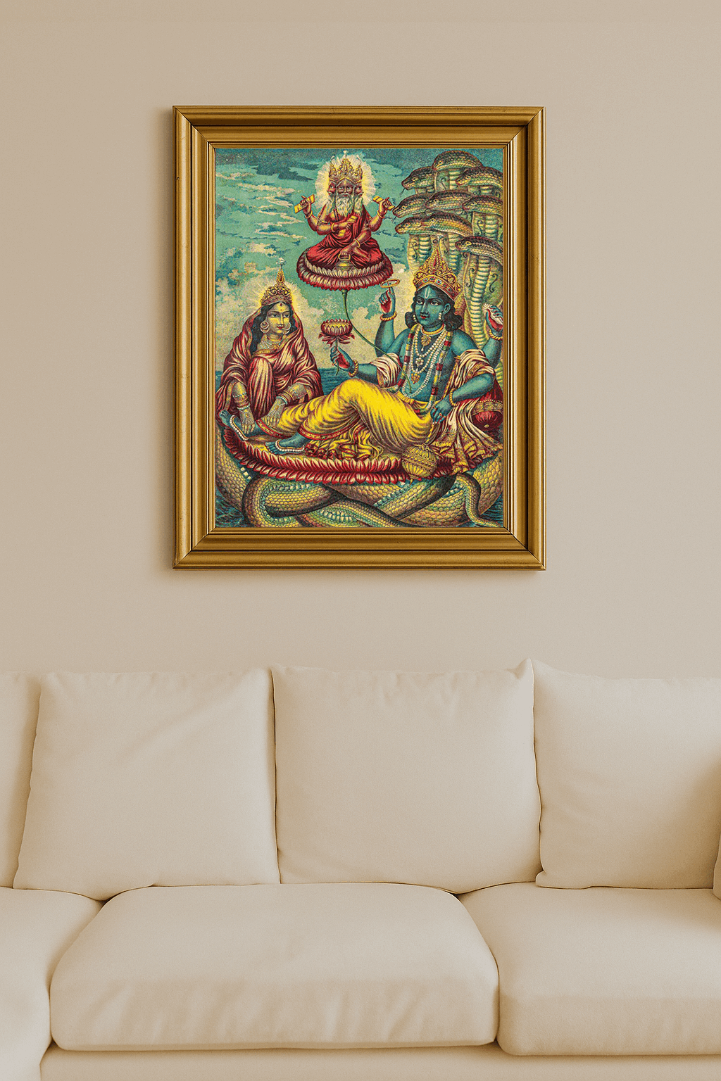 Hindu god Vishnu reclining on multiheaded serpent Shesha, lotus and discus in hands, river scene behind