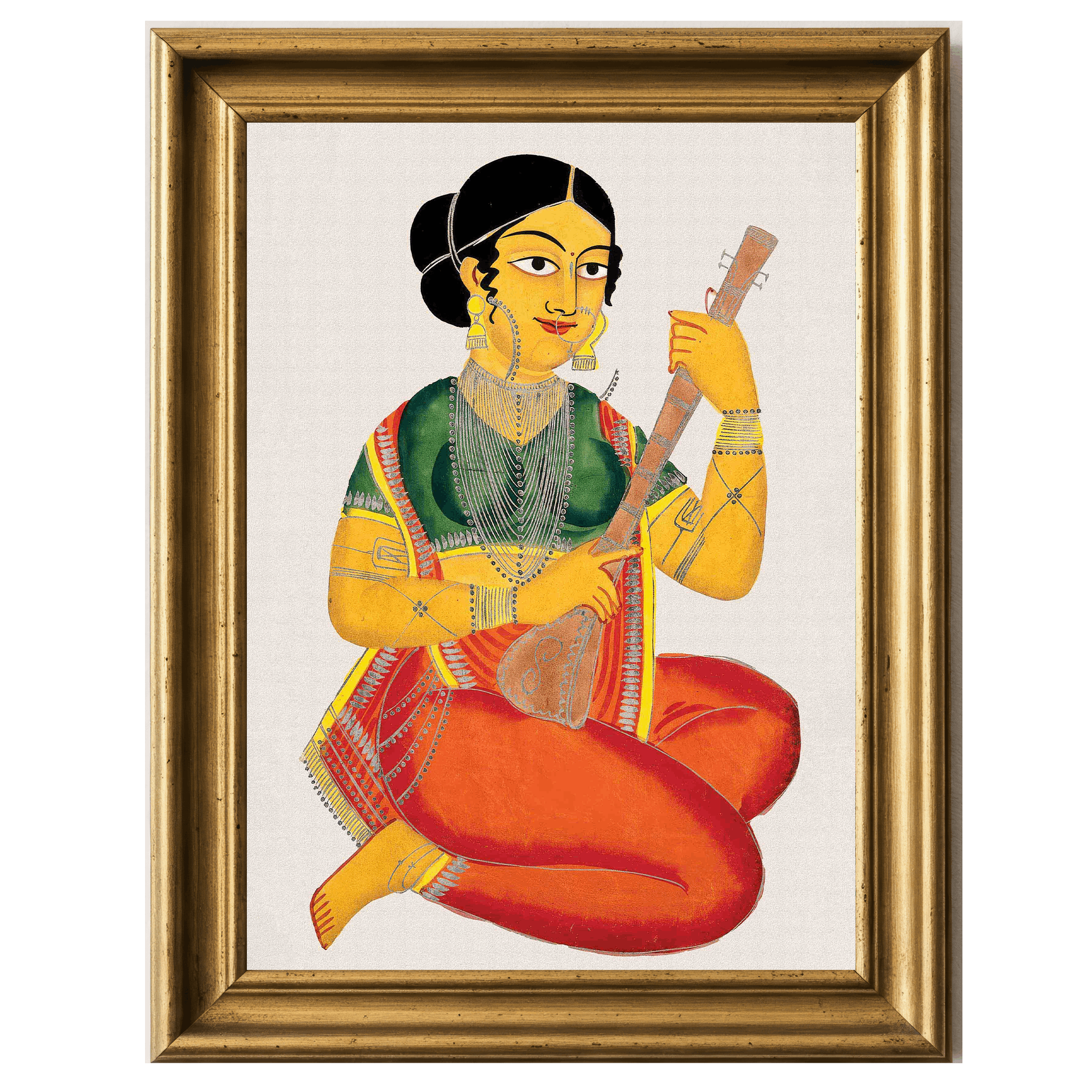 Traditional Indian courtesan playing a sitar, ornate jewelry and textiles detailed against a neutral background