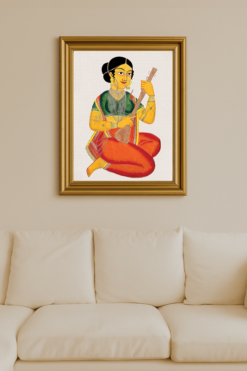 Traditional Indian courtesan playing a sitar, ornate jewelry and textiles detailed against a neutral background