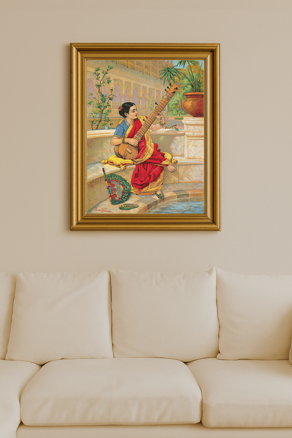 Woman playing a sitar in a lush garden courtyard, jasmine vines and marble balustrade