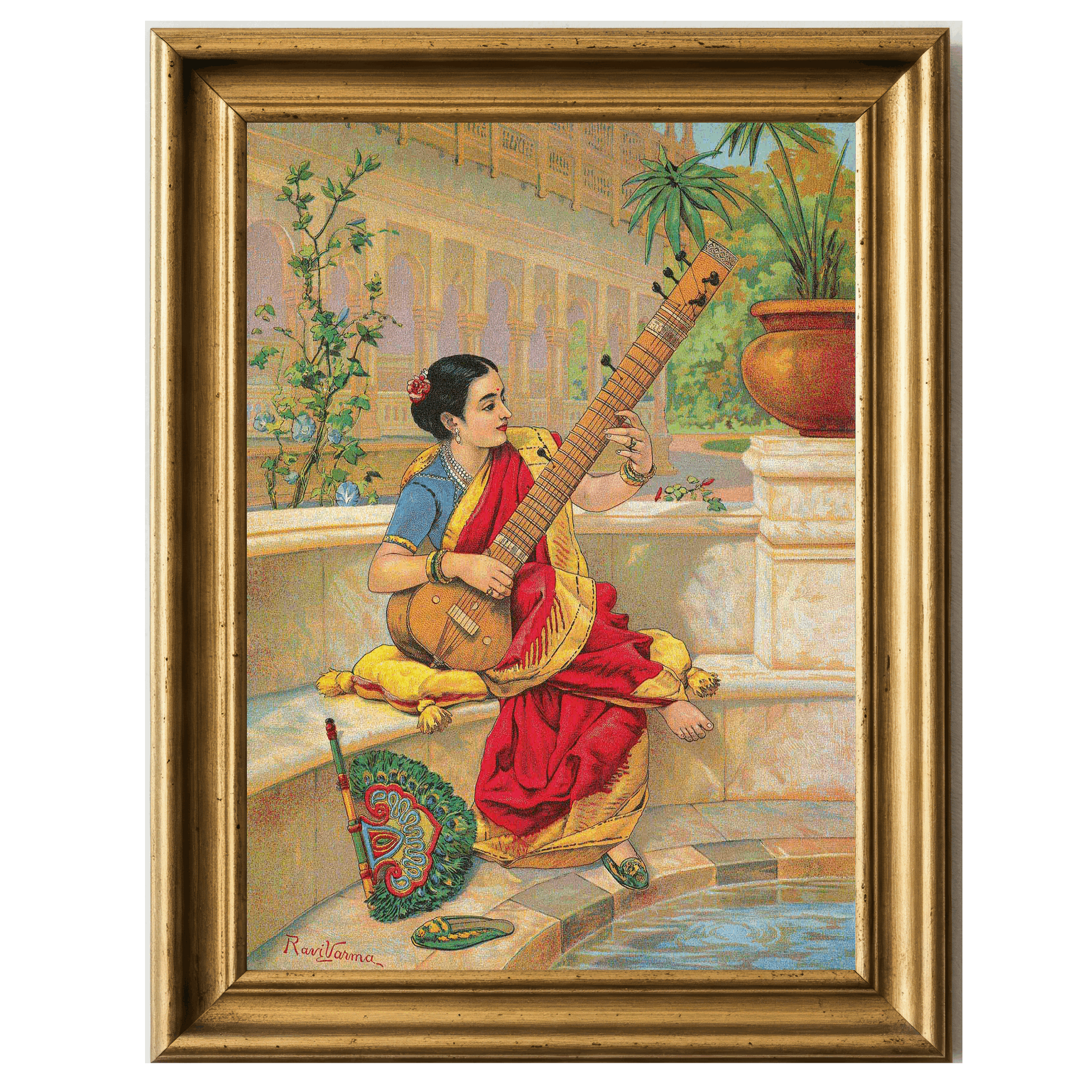 Woman playing a sitar in a lush garden courtyard, jasmine vines and marble balustrade