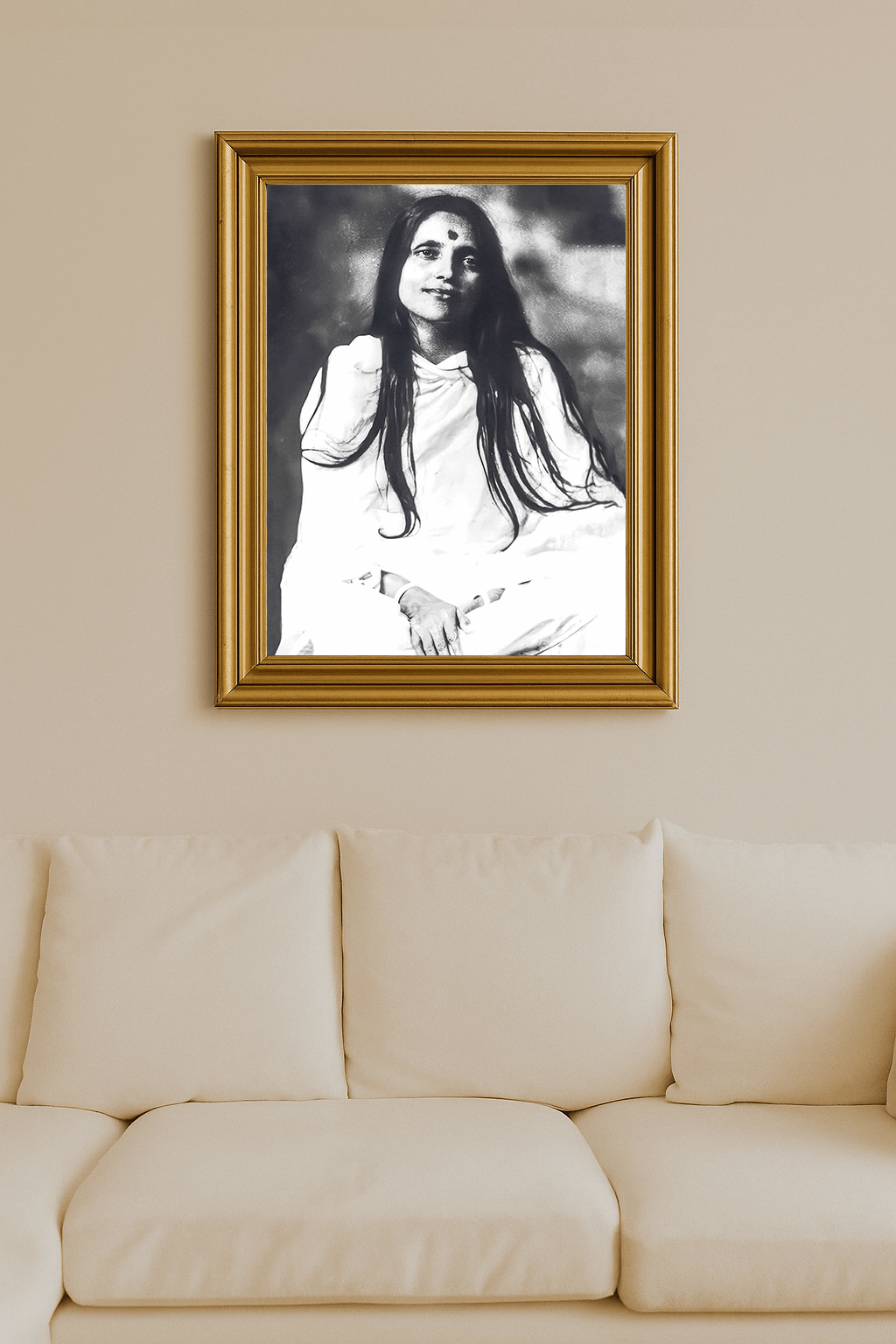Black-and-white portrait of Sri Anandamayi Ma in white robes, serene expression and long hair
