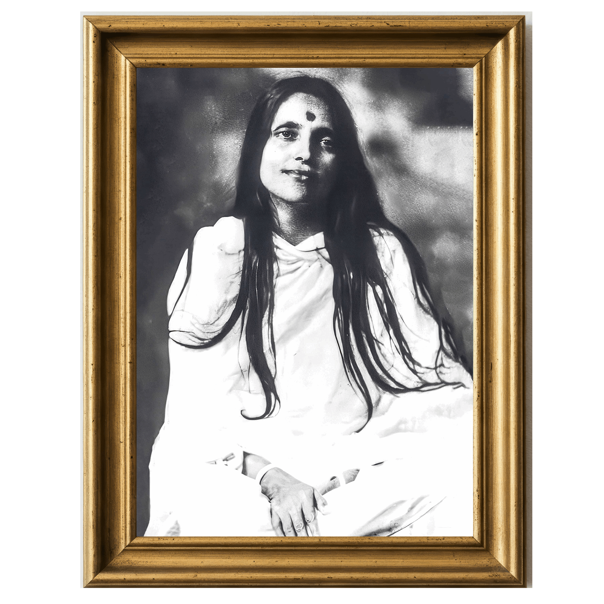 Black-and-white portrait of Sri Anandamayi Ma in white robes, serene expression and long hair