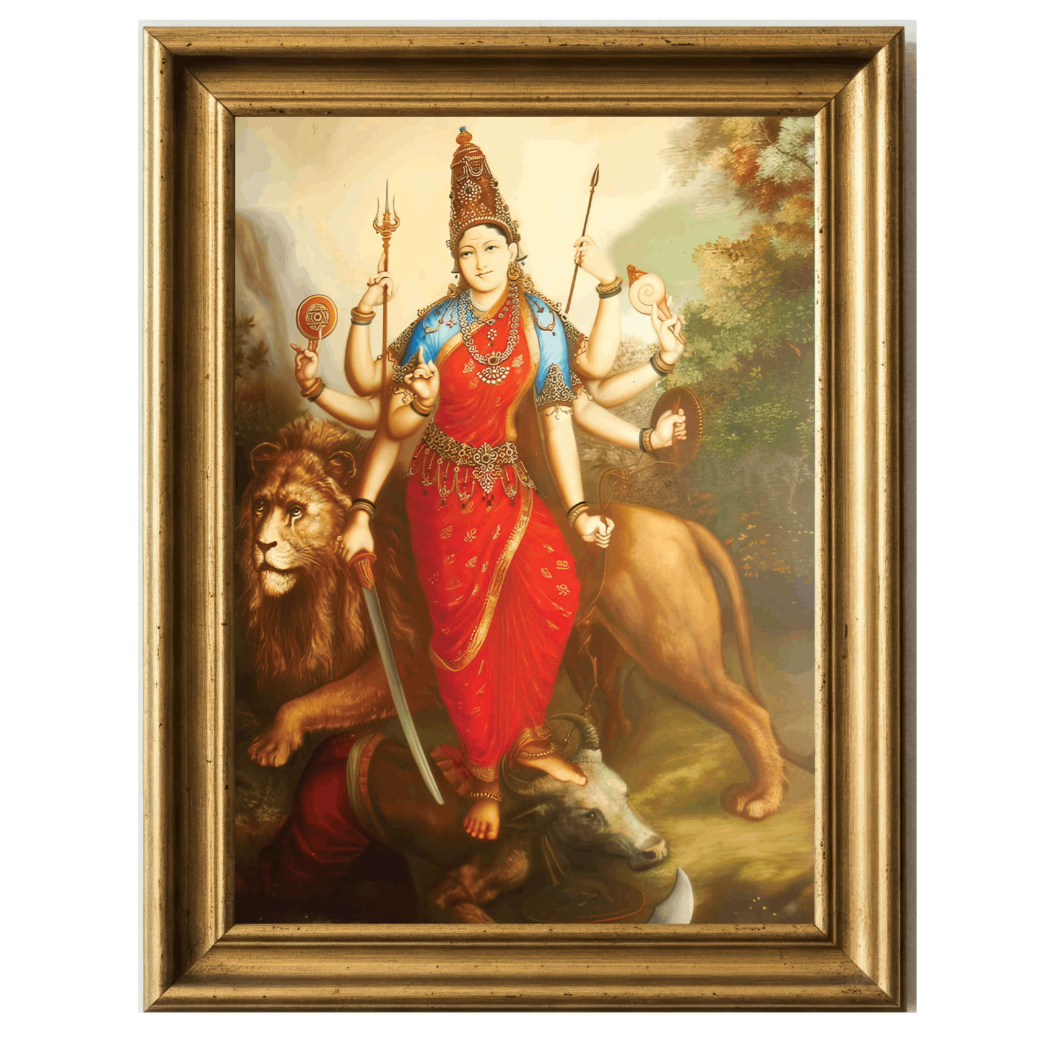 Eight-armed Chamundeshwari Devi goddess in red saree with weapons, lion mount and demon beneath