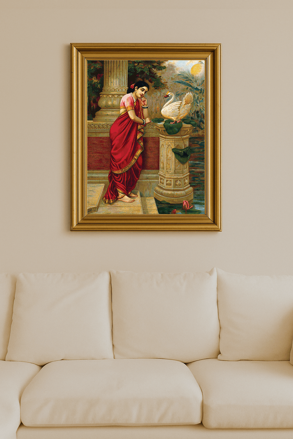 Painting of Princess Damayanti listening to a swan perched on a lotus pedestal, palace terrace behind