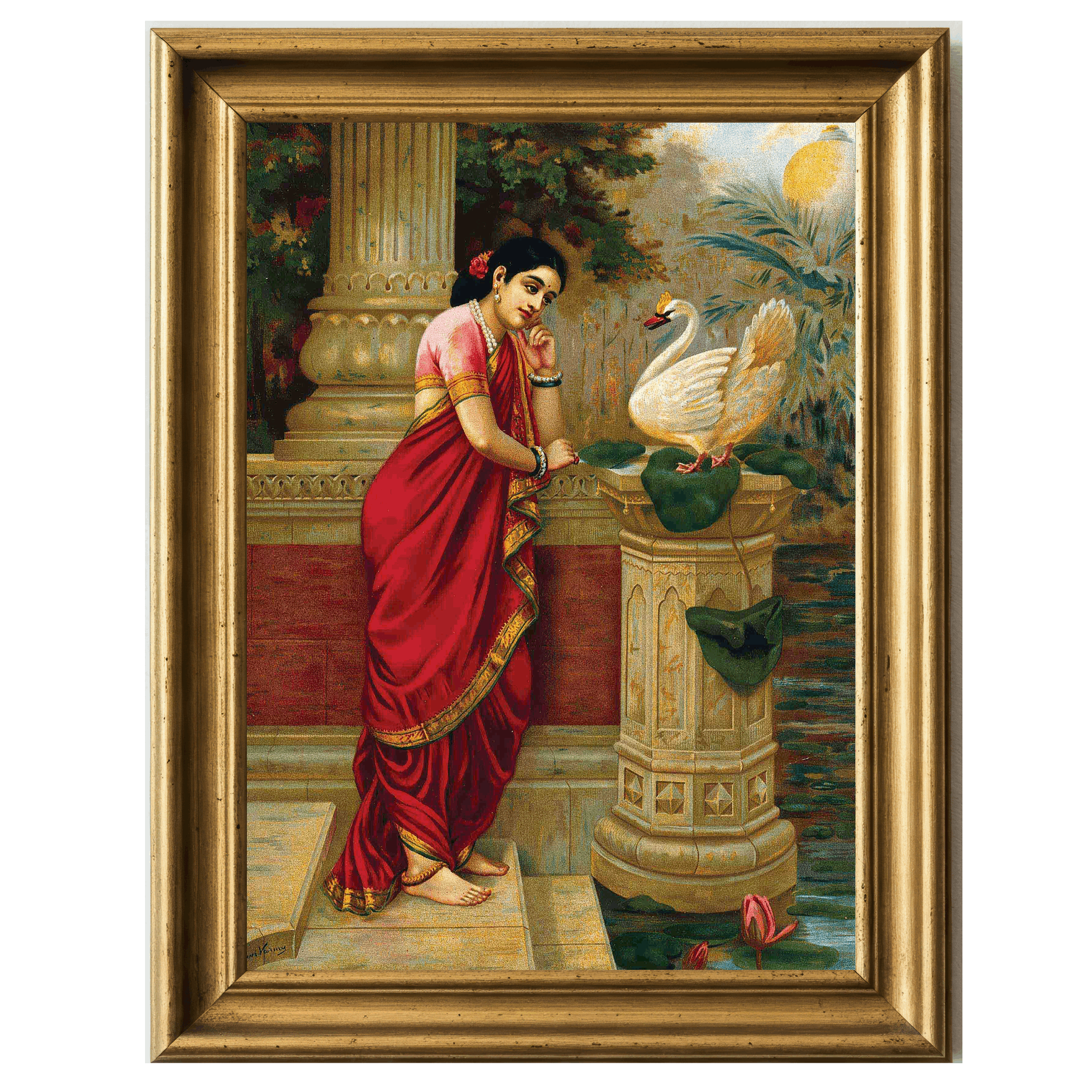 Painting of Princess Damayanti listening to a swan perched on a lotus pedestal, palace terrace behind