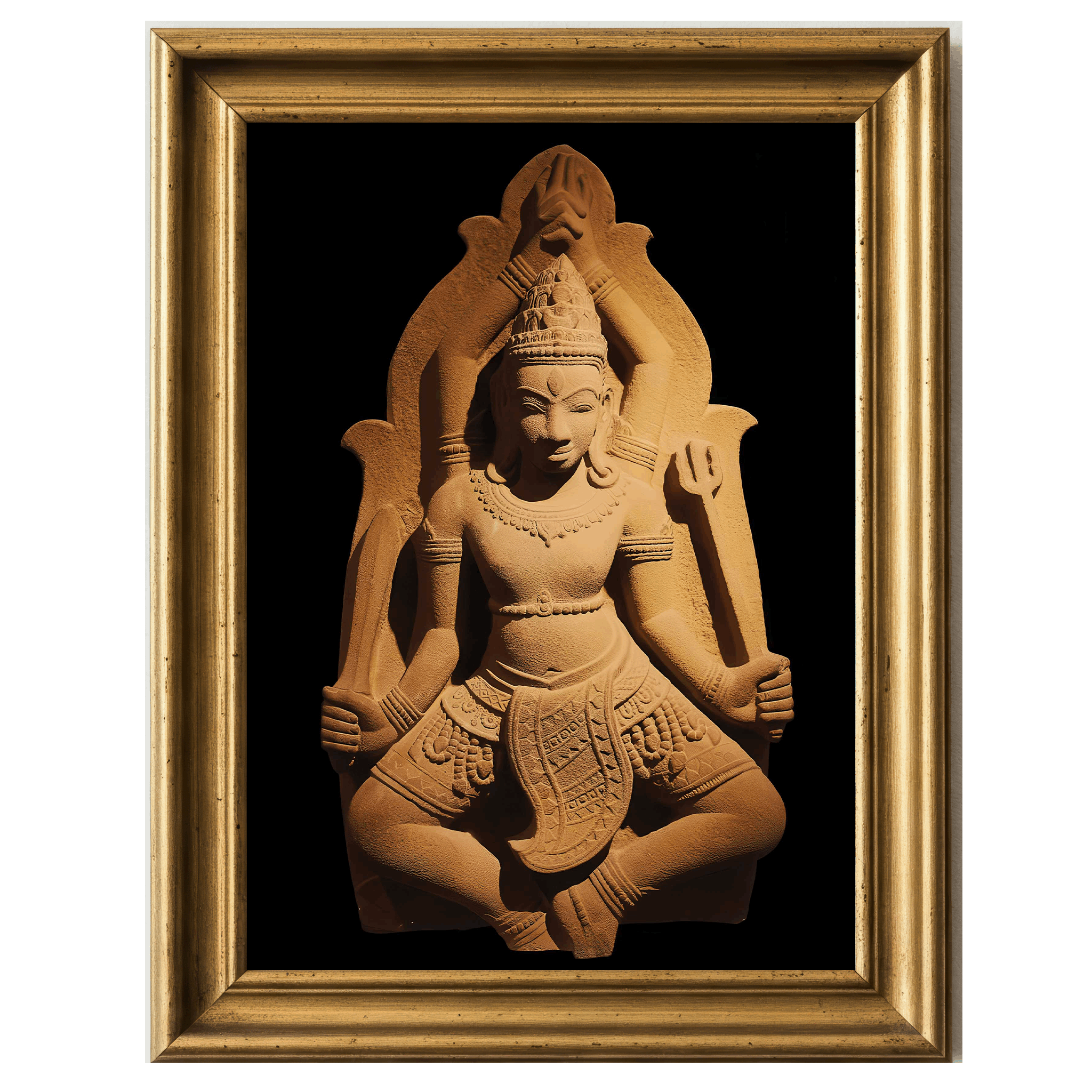 Sandstone statue of four-armed Shiva in Thap Mam style, hands clasped overhead