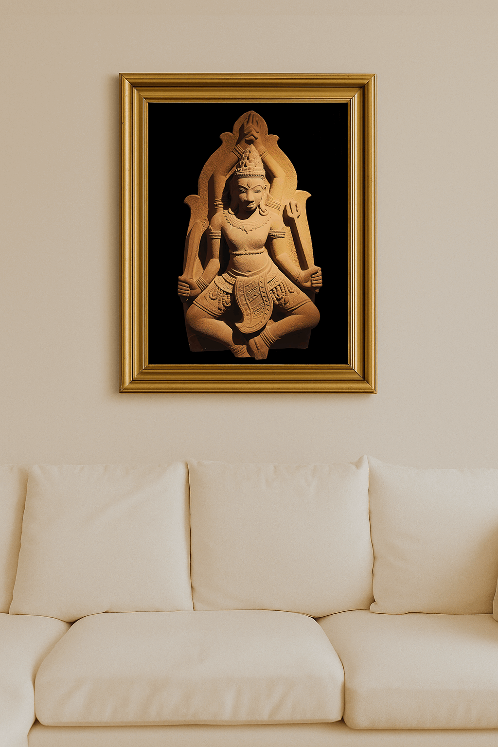 Sandstone statue of four-armed Shiva in Thap Mam style, hands clasped overhead