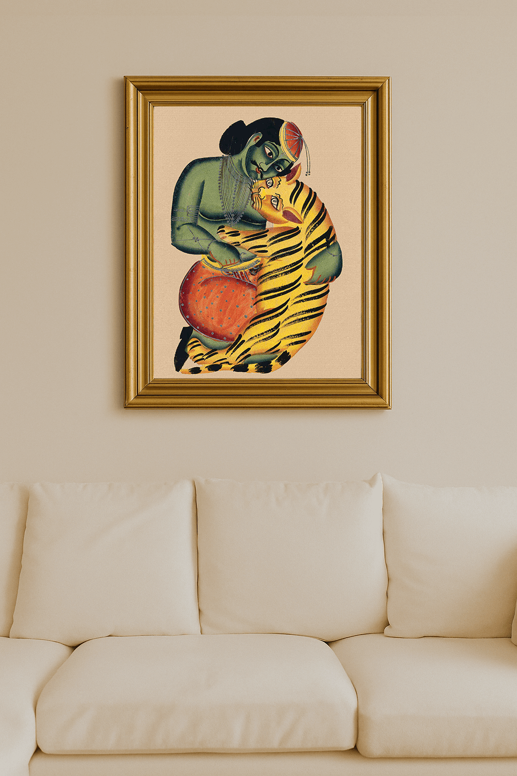 Folk-style painting of a green-skinned man wrestling a tiger in a stylized embrace