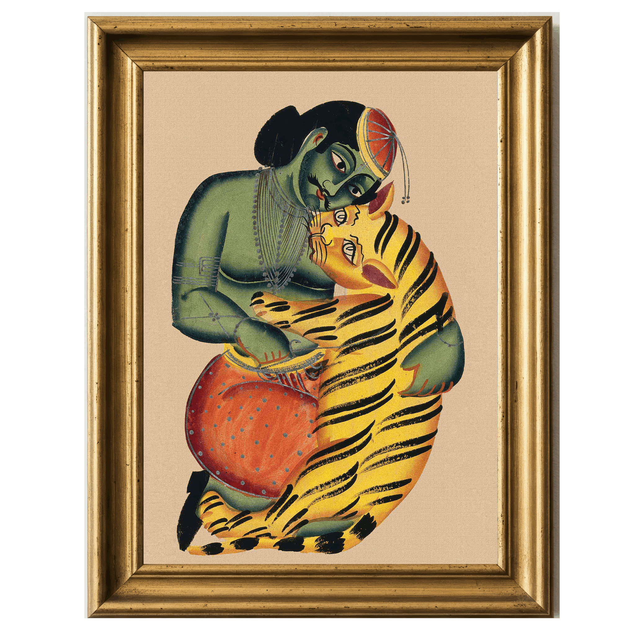 Folk-style painting of a green-skinned man wrestling a tiger in a stylized embrace