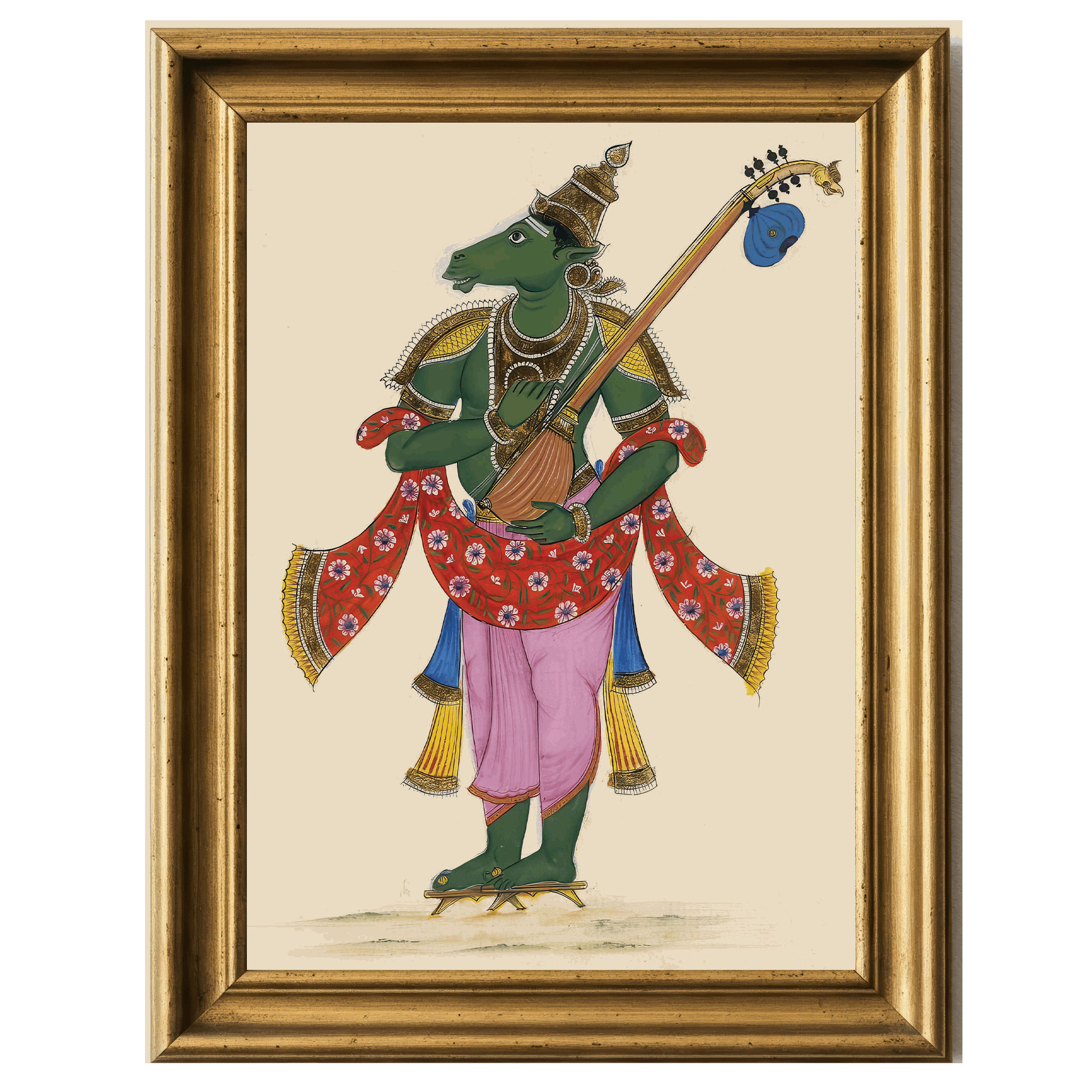 Mythic green humanoid figure with horse-like face playing a guitar, adorned in floral garments