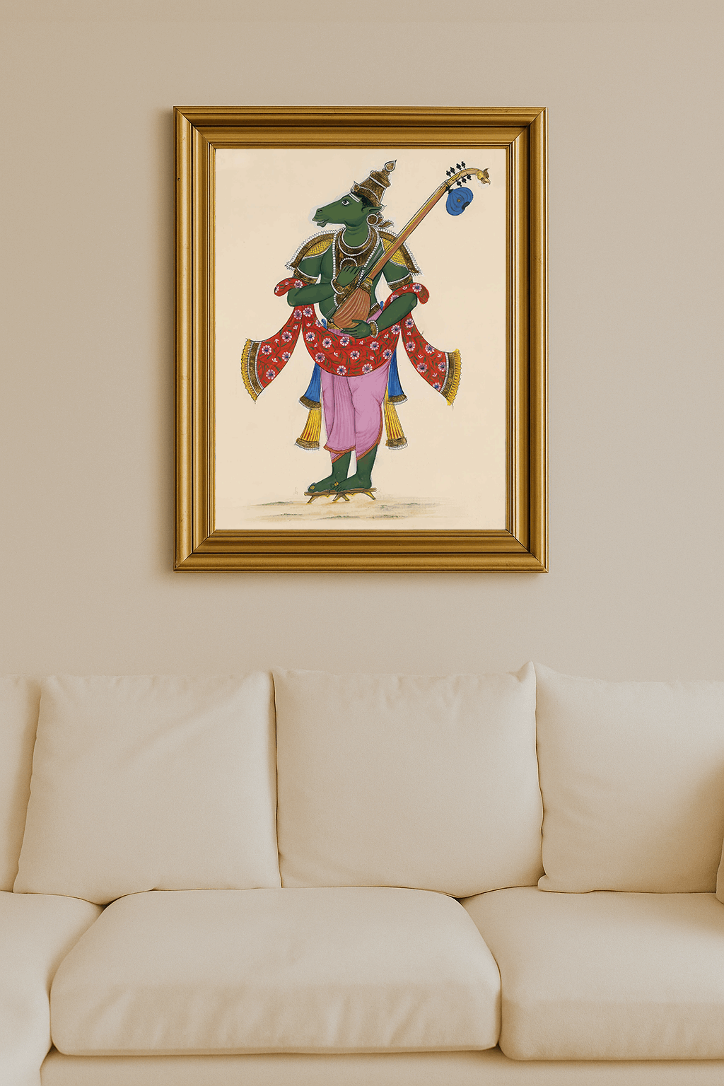 Mythic green humanoid figure with horse-like face playing a guitar, adorned in floral garments