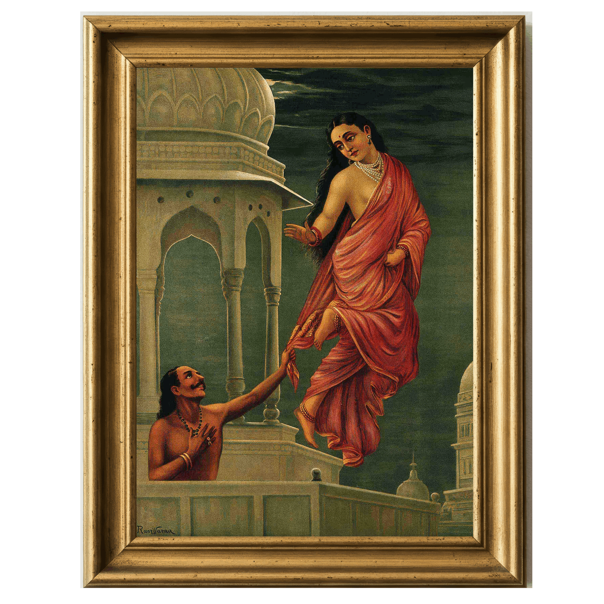 Painting of a celestial woman in red sari ascending while a man reaches up from below