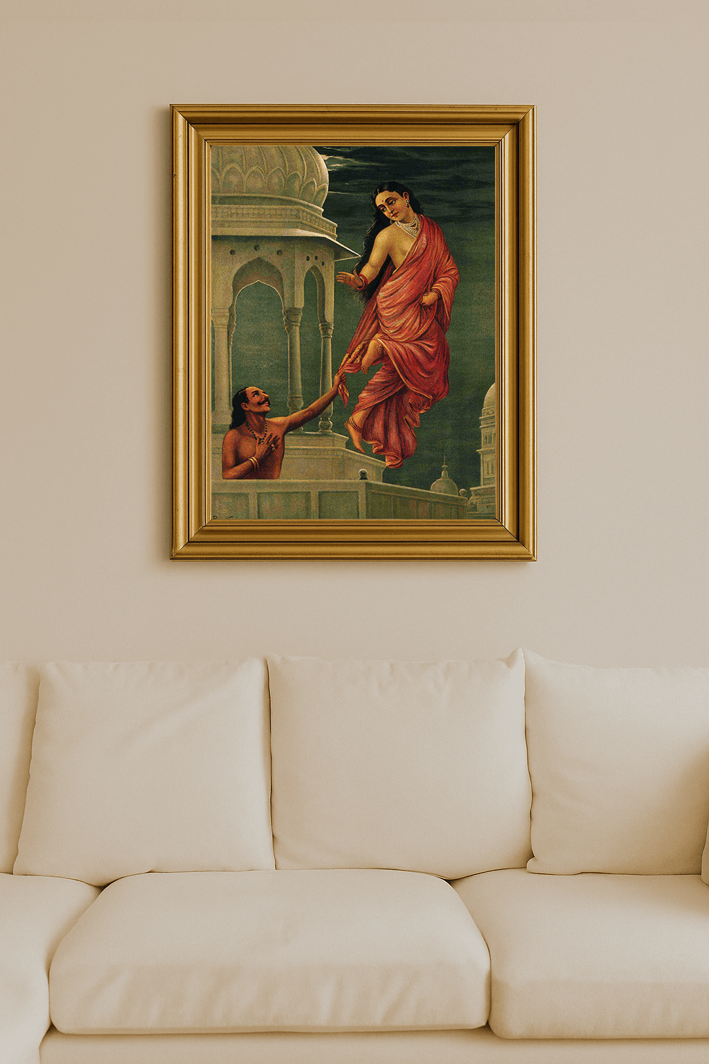 Painting of a celestial woman in red sari ascending while a man reaches up from below