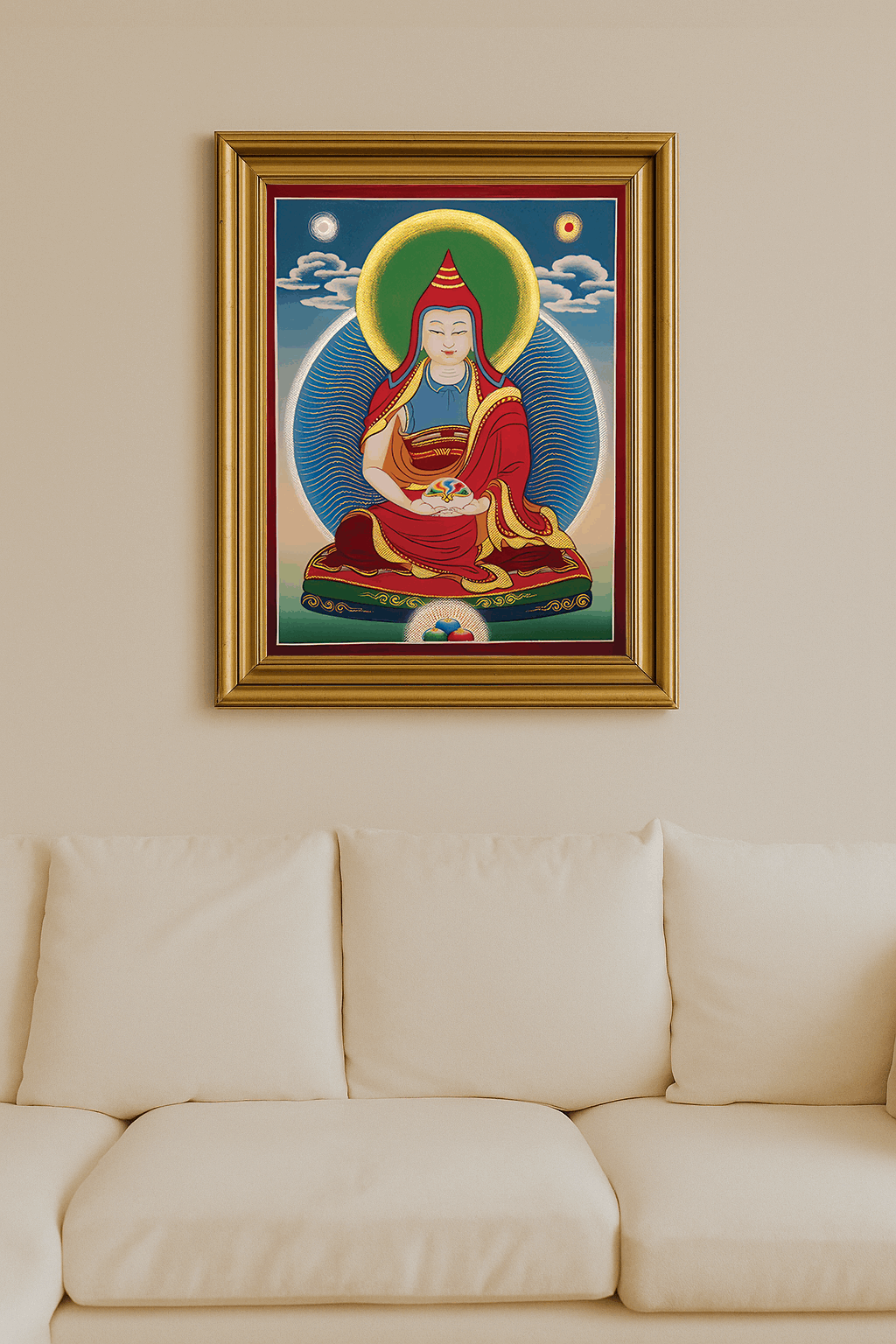 Tibetan sage Vimalamitra in red robes with green halo