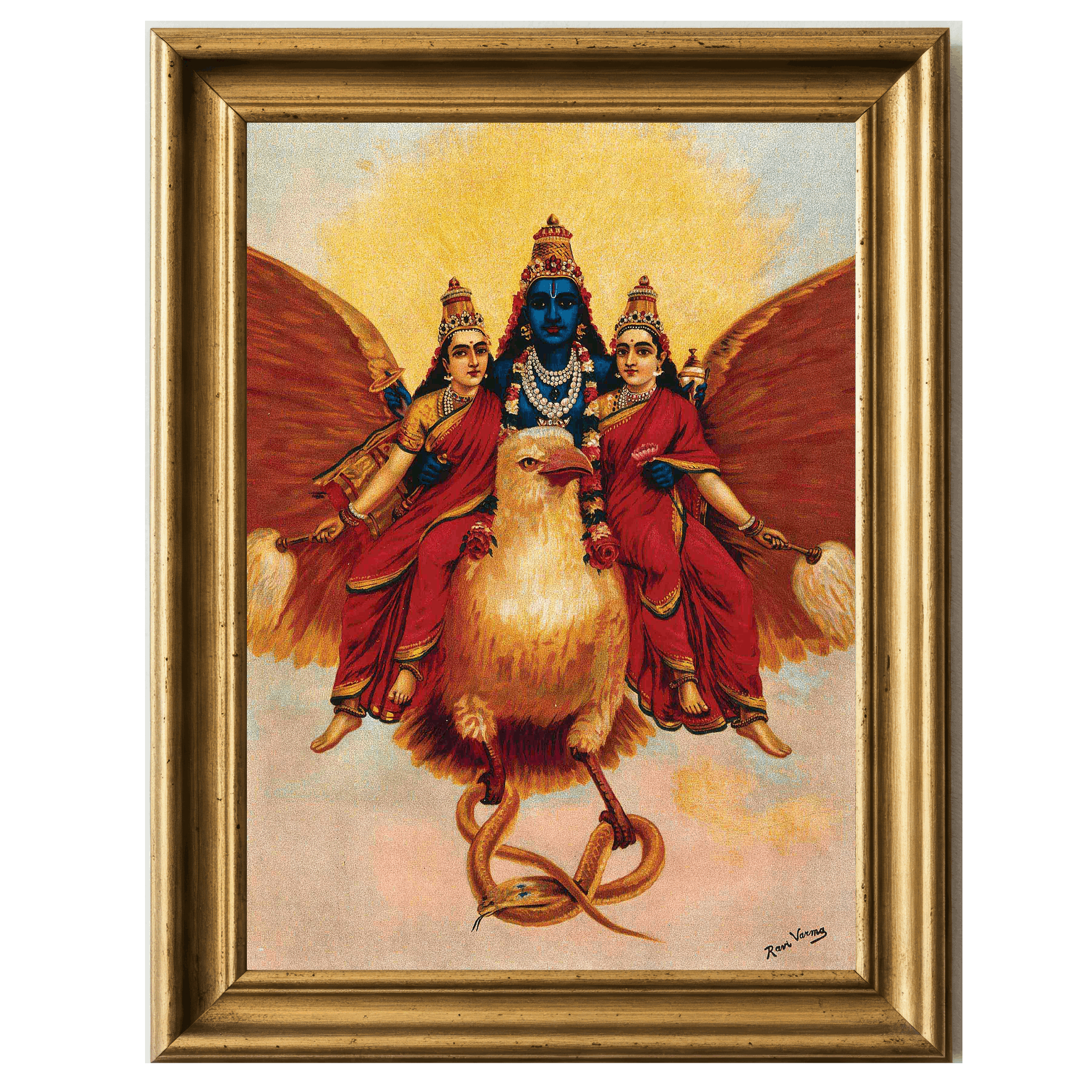 Vishnu with two goddesses riding Garuda across the sky