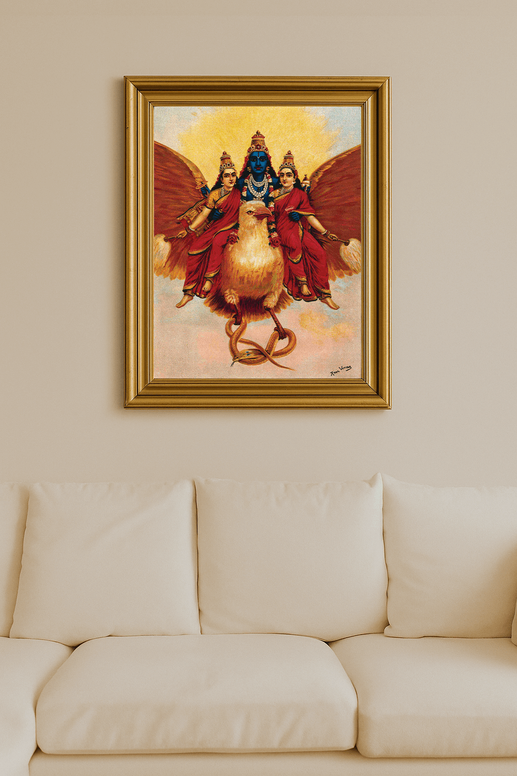 Vishnu with two goddesses riding Garuda across the sky