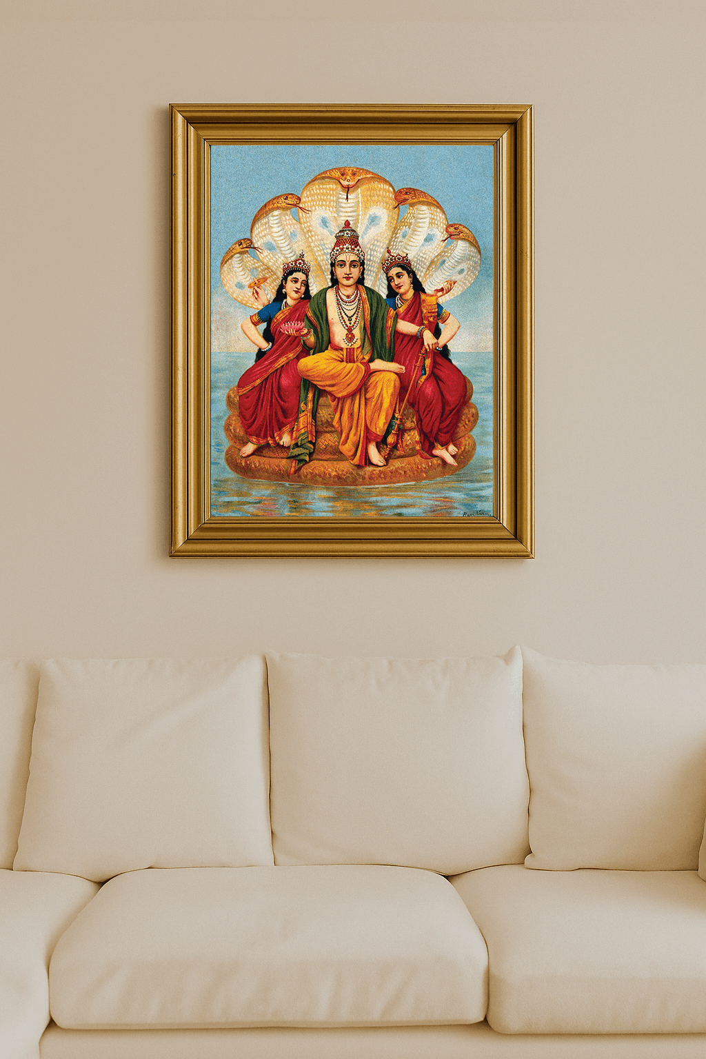 Vishnu seated on a serpent with two goddesses, surrounded by ocean