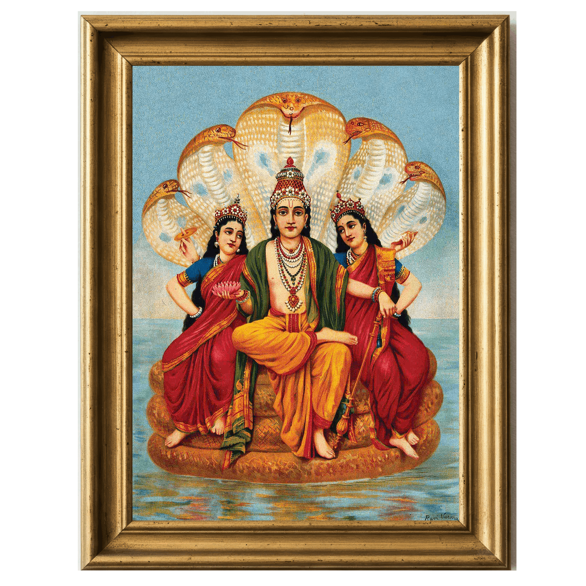 Vishnu seated on a serpent with two goddesses, surrounded by ocean